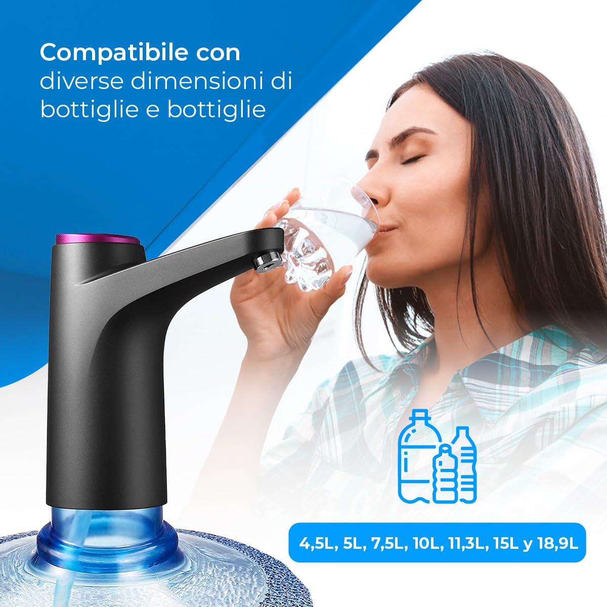 Distributore d'acqua NK - Indicatore LED, batteria ricaricabile USB da 1200 mAh, materiale in silicone, compatibile con da 4,5L 5L 7,5L 10L 11,3L 15L 18,9L - adattatore da 3,8 e 4,8cm - (nero)