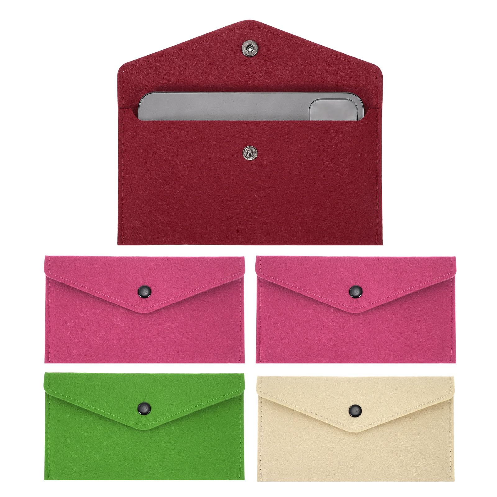 PATIKIL 5Pcs Felt Money Bag, Felt Cellphone Sleeve Case Pouch Cash Bag Button Closure Cash Envelope Wallet Storage Pouch for Card Pen Sunglasses, 5 Colors-4
