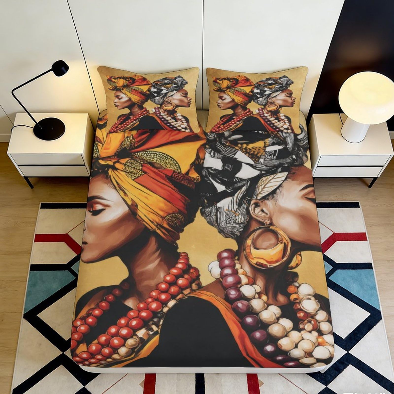 3D Printed African Art Fitted Sheet Microfiber Soft Breathable Tribal Women Mattress Cover for Bedroom Decor 90x200x25cm