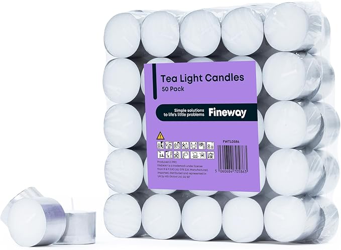 50 Pack Tea Light Candles - Long-Lasting Unscented Tealights, 8 Hour Burn Time, White Paraffin Wax, Perfect for Weddings, Parties & Home Décor