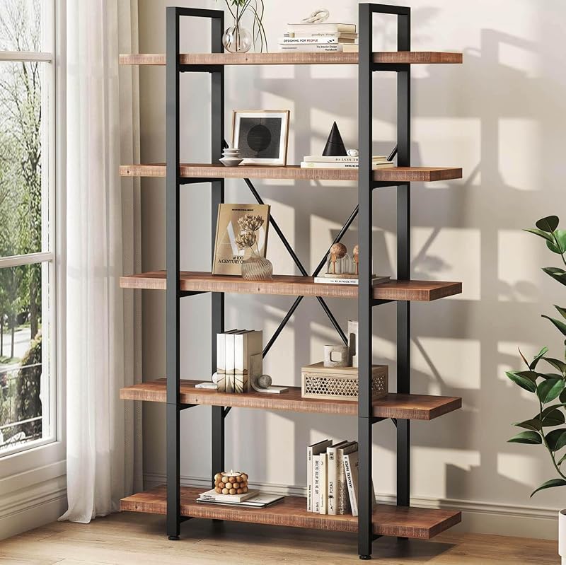 5 Tier Industrial Solid Wood Bookshelf, Distressed Brown | Rustic Natural Wood and Metal Shelves, Storage & Display Bookcase for Living Room, Bedroom, Home Office