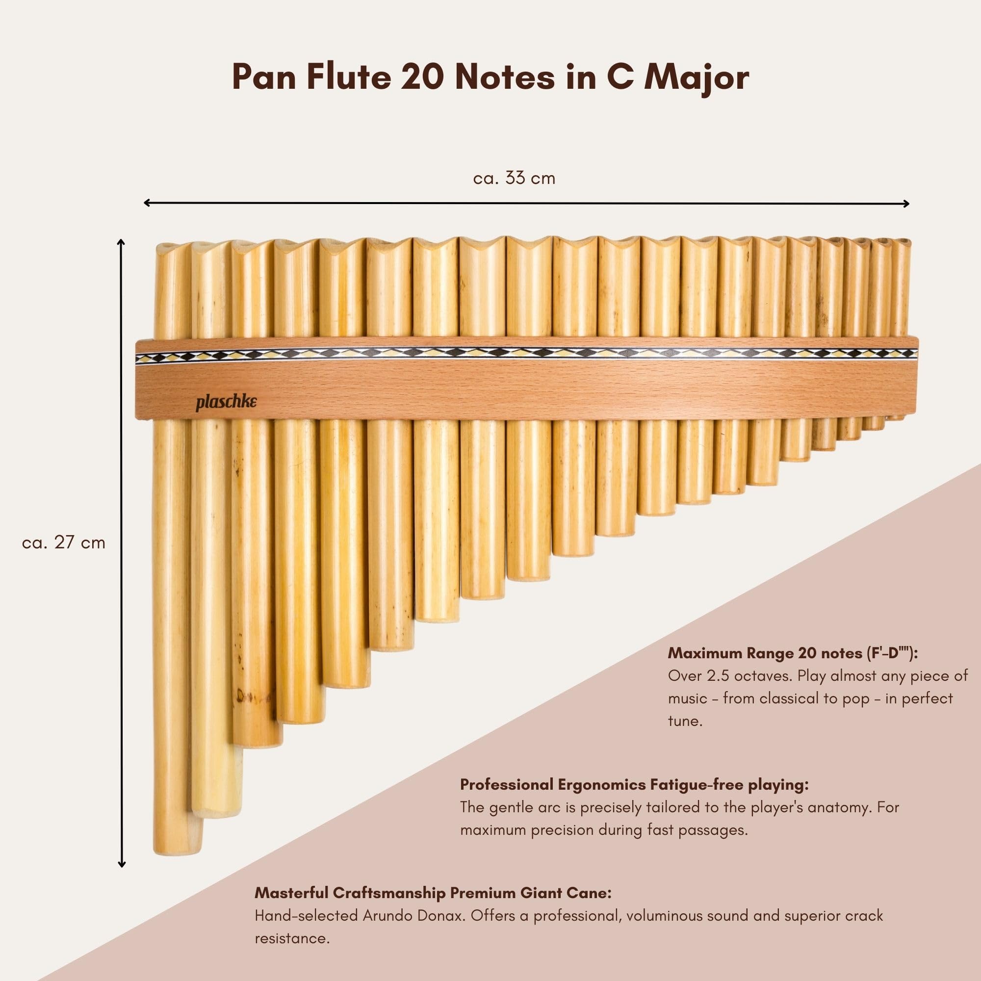 Plaschke - Flûte de pan en bambou - Avec 20 tubes, Do majeur, lanières en bois, étui et livret - Fabriquée à la main - Instruments du Tyrol du Sud / Italie