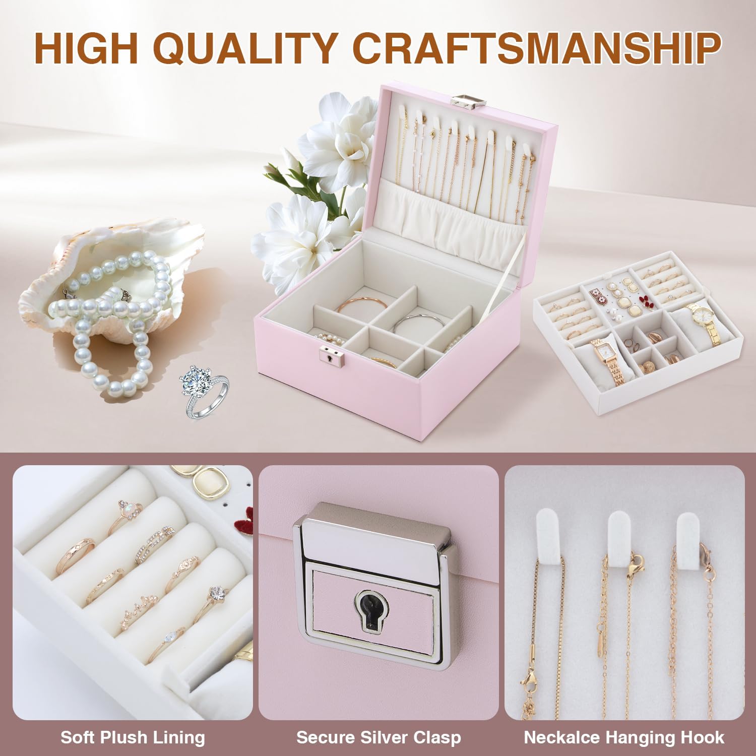 Jewelry Organizer Box for Girls Women,Large Genuine Leather Jewelry Organizers and Storage with Earring Holder Organizer Removable Velvet Jewelry Tray,Christmas Gifts Jewelry Box for Girls 8-12,Pink
