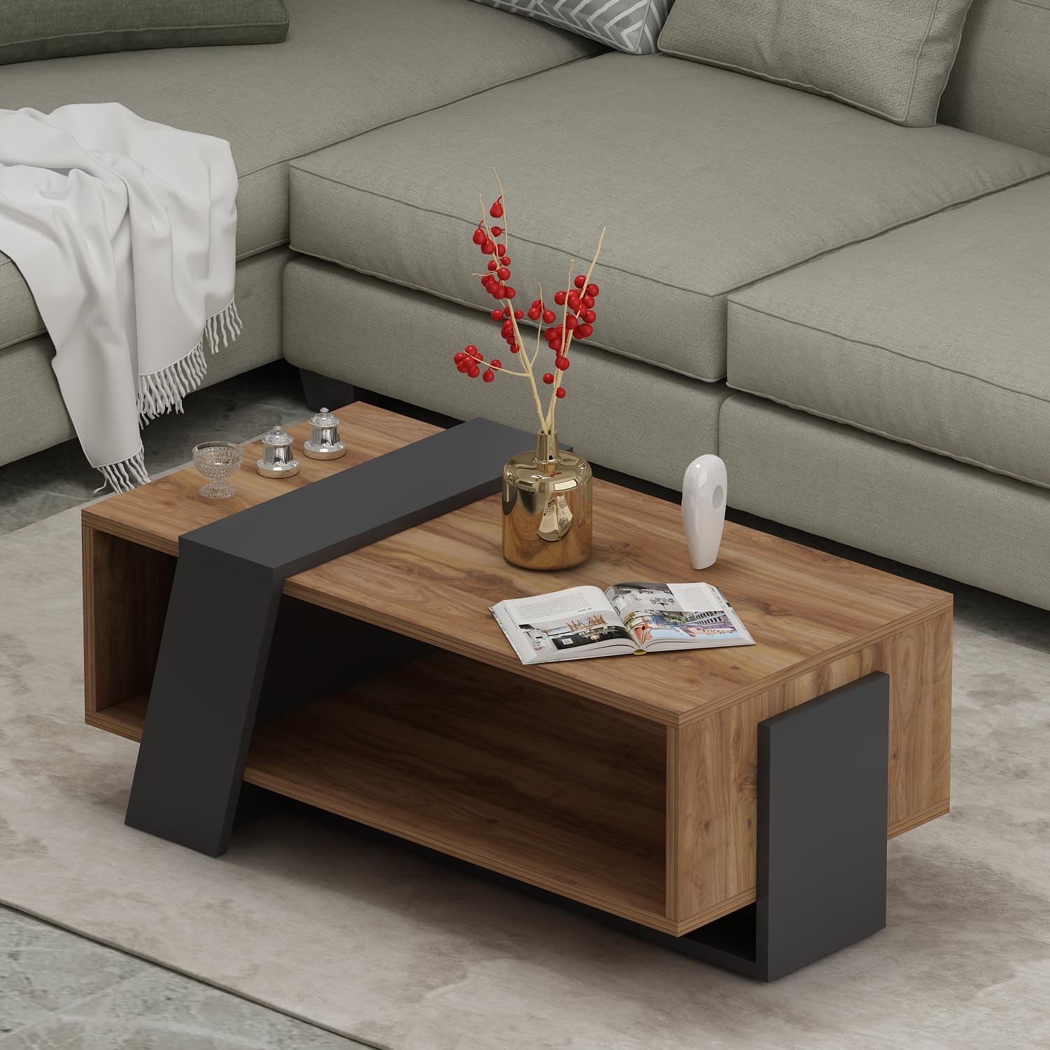 HOMIDEA MELISA Tavolino basso da salotto - Tavolino da divano - Tavolino da Caffè moderno in un design alla moda con mensola 91.8 x 48.8 x 35cm (Briarsmoke)