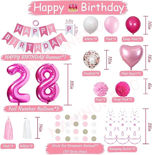 Miniatura 6 de Decoraciones de cumpleaños número 28 para mujer, globos de feliz cumpleaños rosa y blanco, suministros de fiesta de cumpleaños 28 para su novia