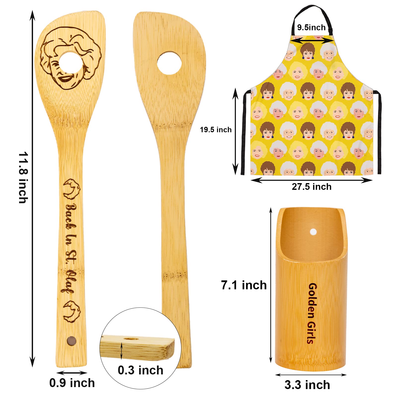 Golden Girls Set di cucchiai in legno per cucinare, merchandising dorato per ragazze, regali d'oro per ragazze, set di utensili da cucina per ragazze dorate: 5 cucchiai in bambù, 1 supporto per