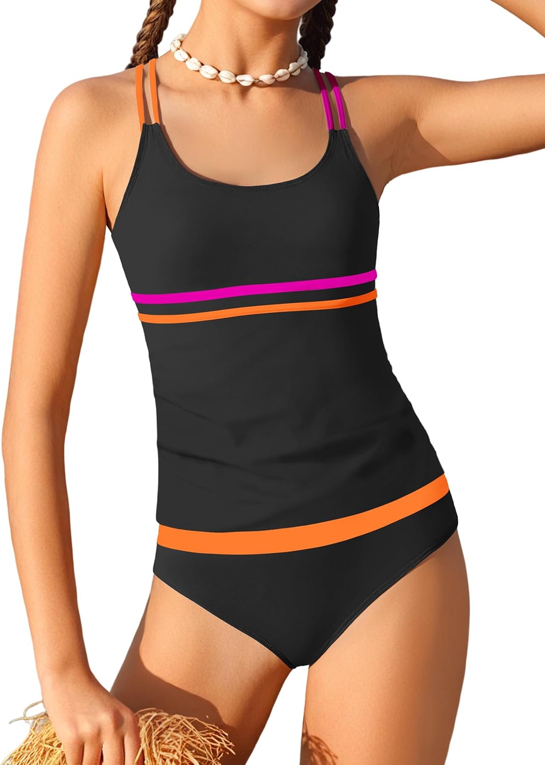CRISONE Girls Tankini Swimsuits 2 Piece Modest Bathing Suit Color Block Swimwear Set for Girls 9-16 Years