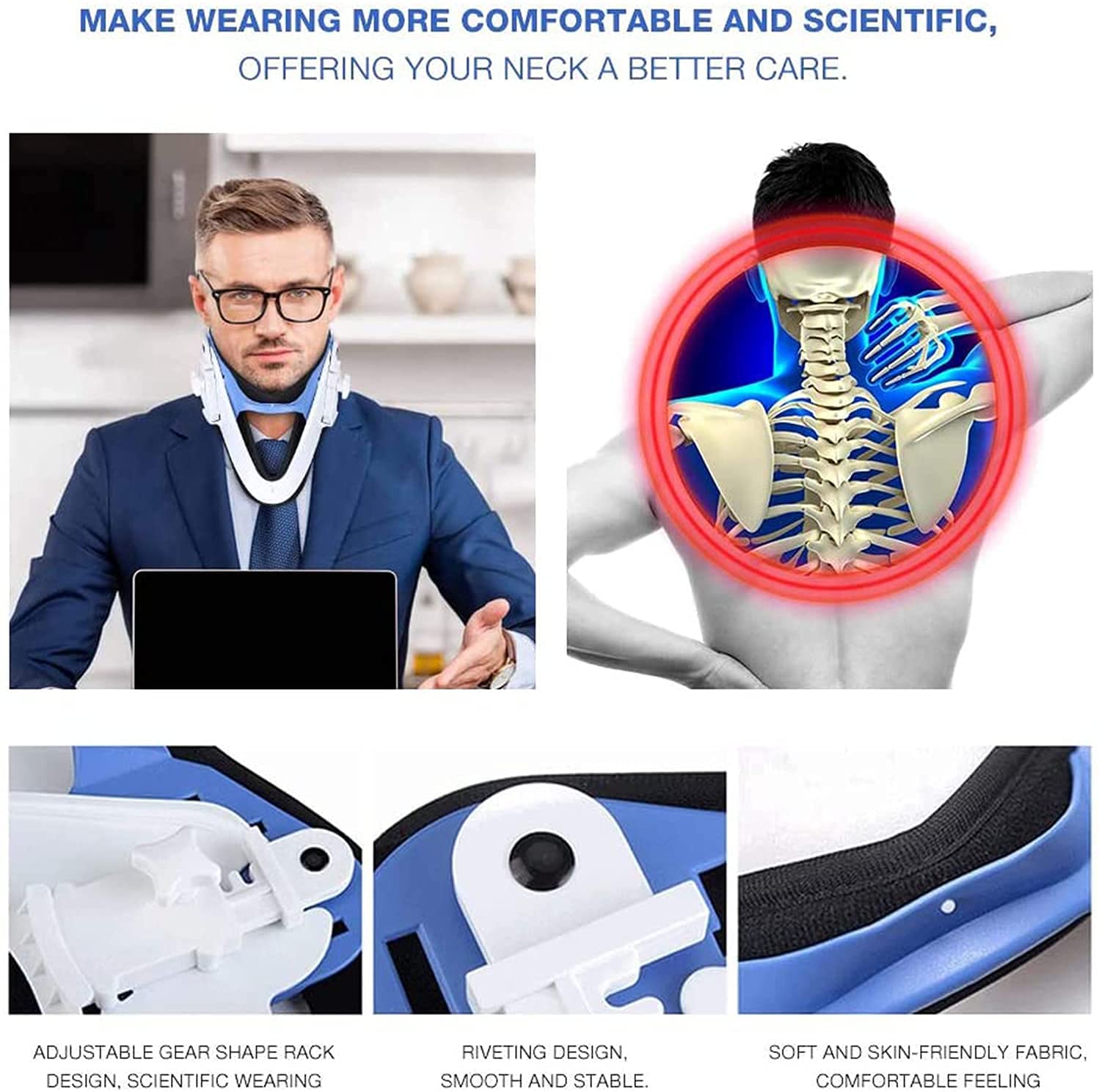 FOOJO Collar ortopédico para el Cuello para la Postura|Soporte para el Cuello con Altura Cervical Ajustable|para el Dolor de Cuello, estabiliza y Alivia la presión en la Columna Vertebral