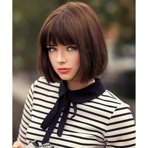 Peluca marrón Bob con flequillo, 12 pulgadas, peluca sintética de moda natural para mujer, bonita peluca sintética de colores para fiesta diaria de