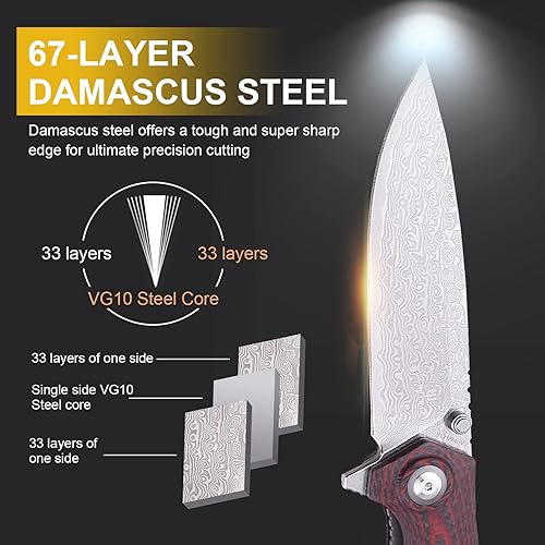 Miniatura 3 de SHIELDON Charkos - Cuchillo plegable VG10 Core 67 capas de acero de Damasco de 4 pulgadas, hoja de punto de caída, Scarlet G10, mango de fibra de