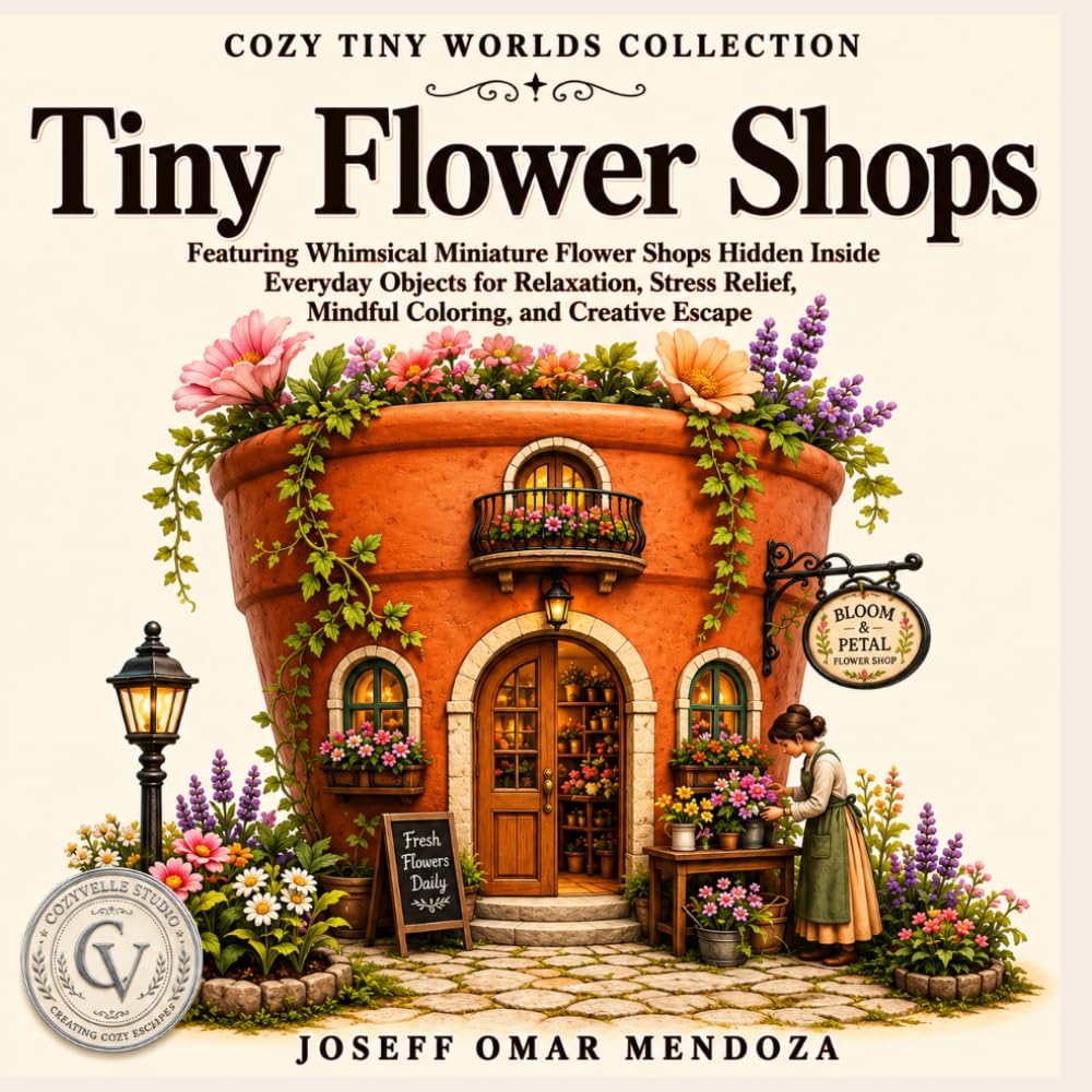 Tiny Flower Shops: Bold & Easy Coloring Book Featuring Whimsical Miniature Flower Shops Hidden Inside Everyday Objects for Relaxation, Stress Relief, ... & Cozy Fantasy (Cozy Tiny Worlds Collection)