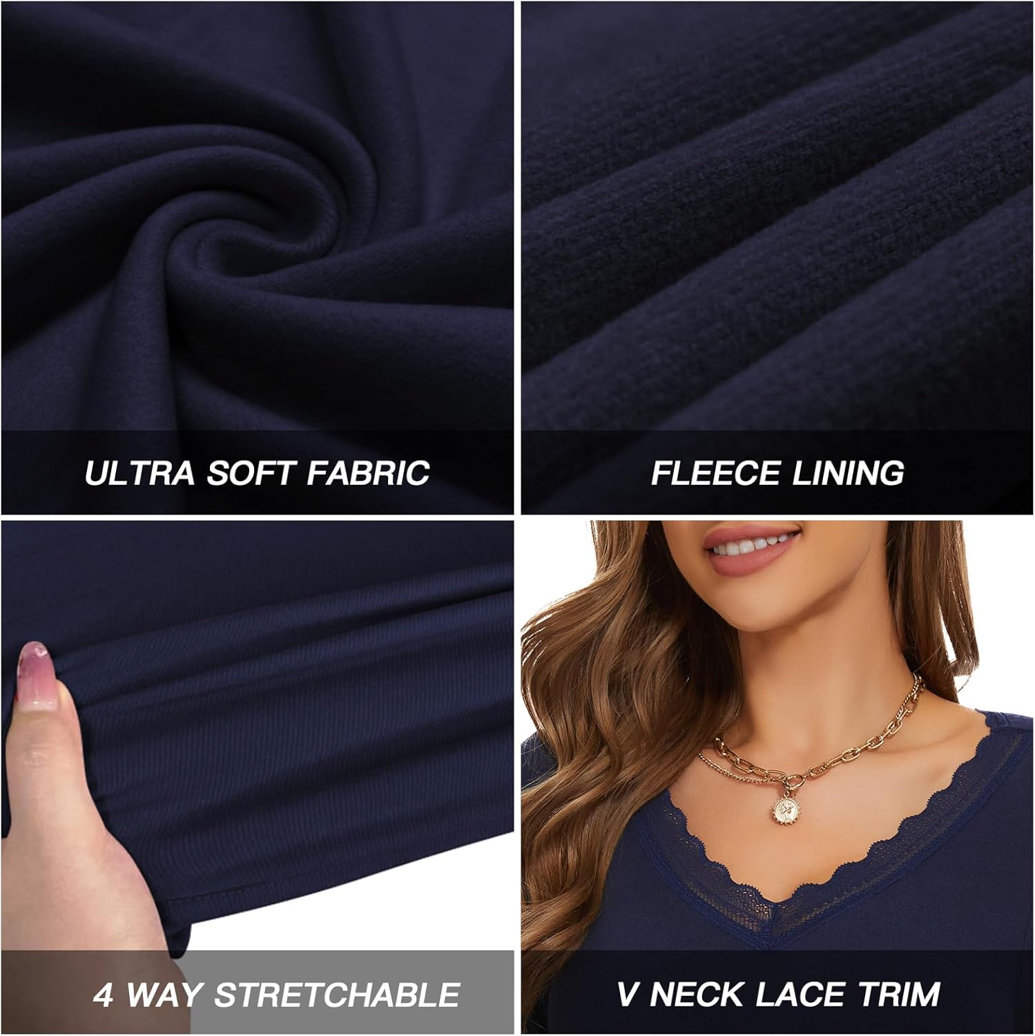 WOWENY Womens Long Sleeve Thermal Shirts V Neck Lace T Shirts Underwear Tops Basic Fitted Tees - Image 5
