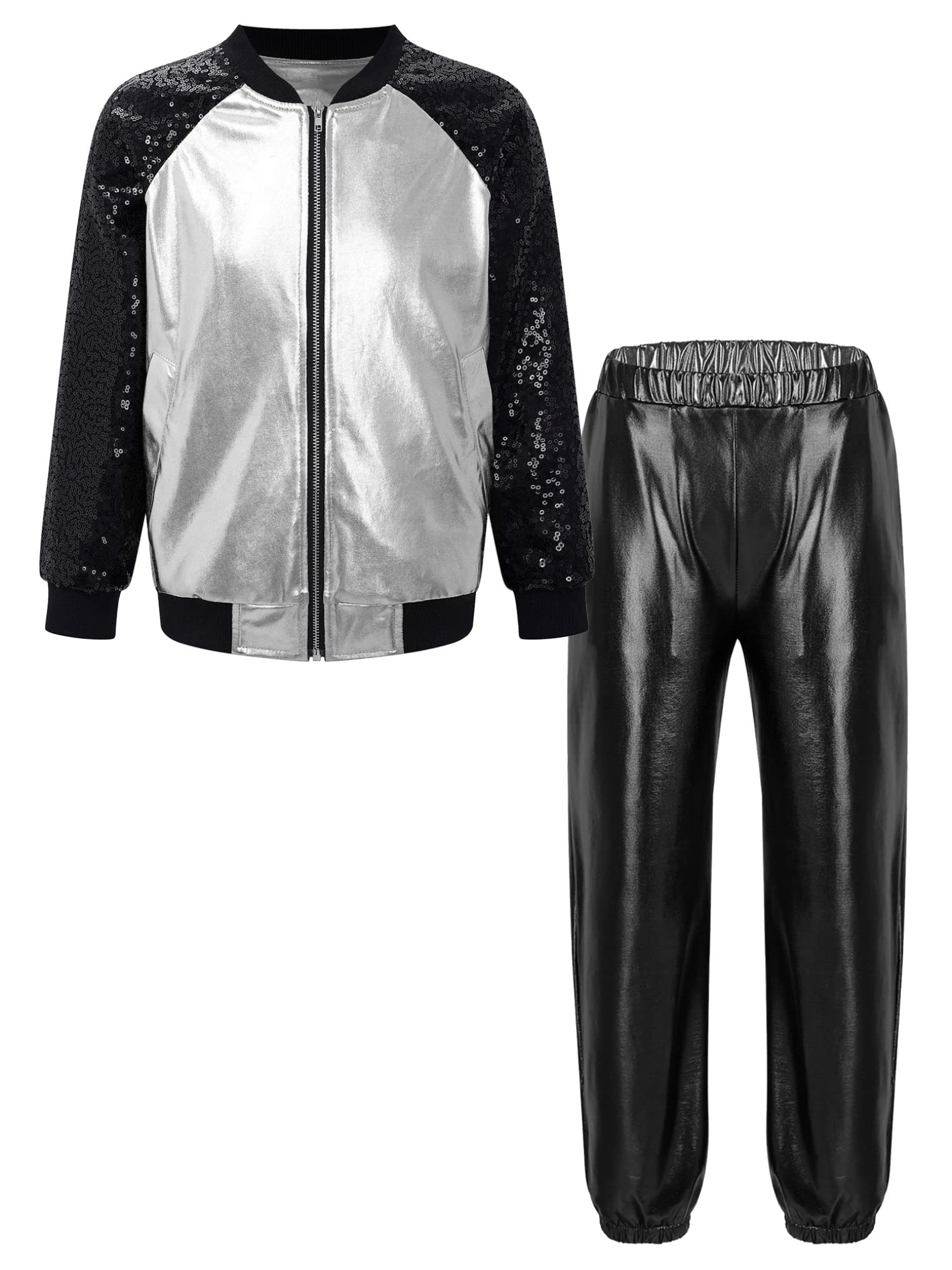 YEAHDOR Girls Boy's Hip-hop Jazz Performance Costume Shiny Metallic Bomber Jacket and Pants Set Street Dance Outfits Silver&Black 10 Years