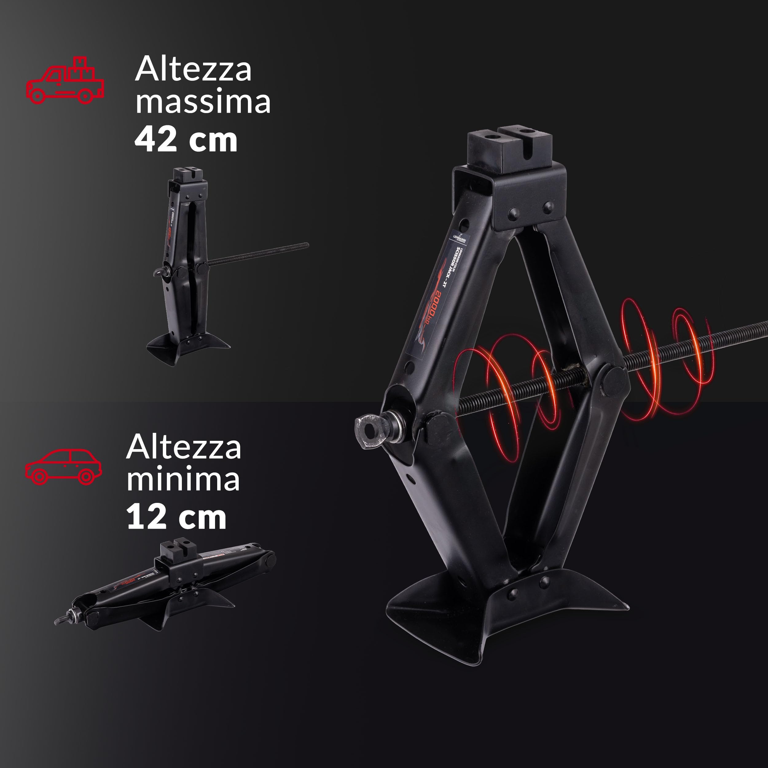 LEHMANN Cric Auto 2T - Cric a Forbice con Chiave a Cricchetto - Regolabile in Altezza 120–420mm – Cuscinetto in Gomma Integrato – ideale per Manutenzione, Riparazione e cambio gomme - Portatile