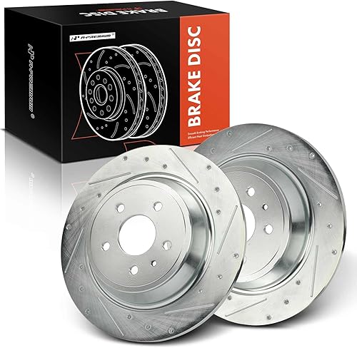 A-Premium Rotores de freno de disco perforados y ranurados traseros de 12.44 pulgadas (12.441 in) compatibles con modelos Ford y Lincoln