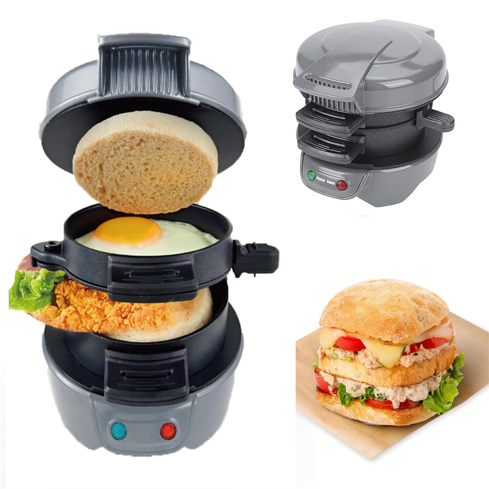 Opiekacz do kanapek śniadaniowych, aluminiowy, nieprzywierający, elektryczny ekspres do hamburgerów, żelazko z grilla, gotowe w 5 minut, łatwe do czyszczenia (szare)