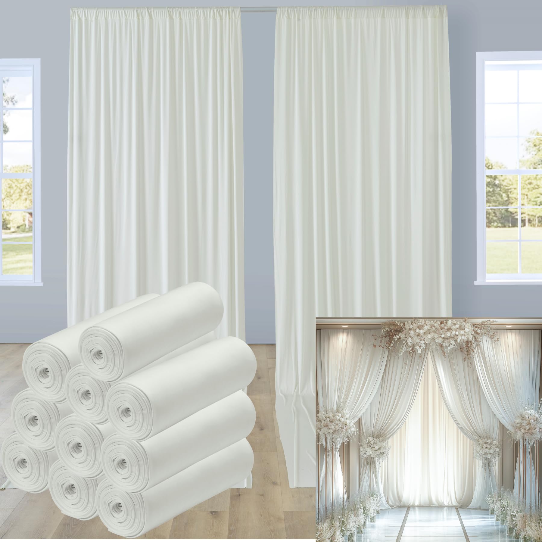 leegleri 50ftx12ft Wrinkle Free Ivory Backdrop Curtain, 10 Panels 12FT Height Ivory Wedding Backdrop Drapes, Silky Polyester Back Drop Cloth for