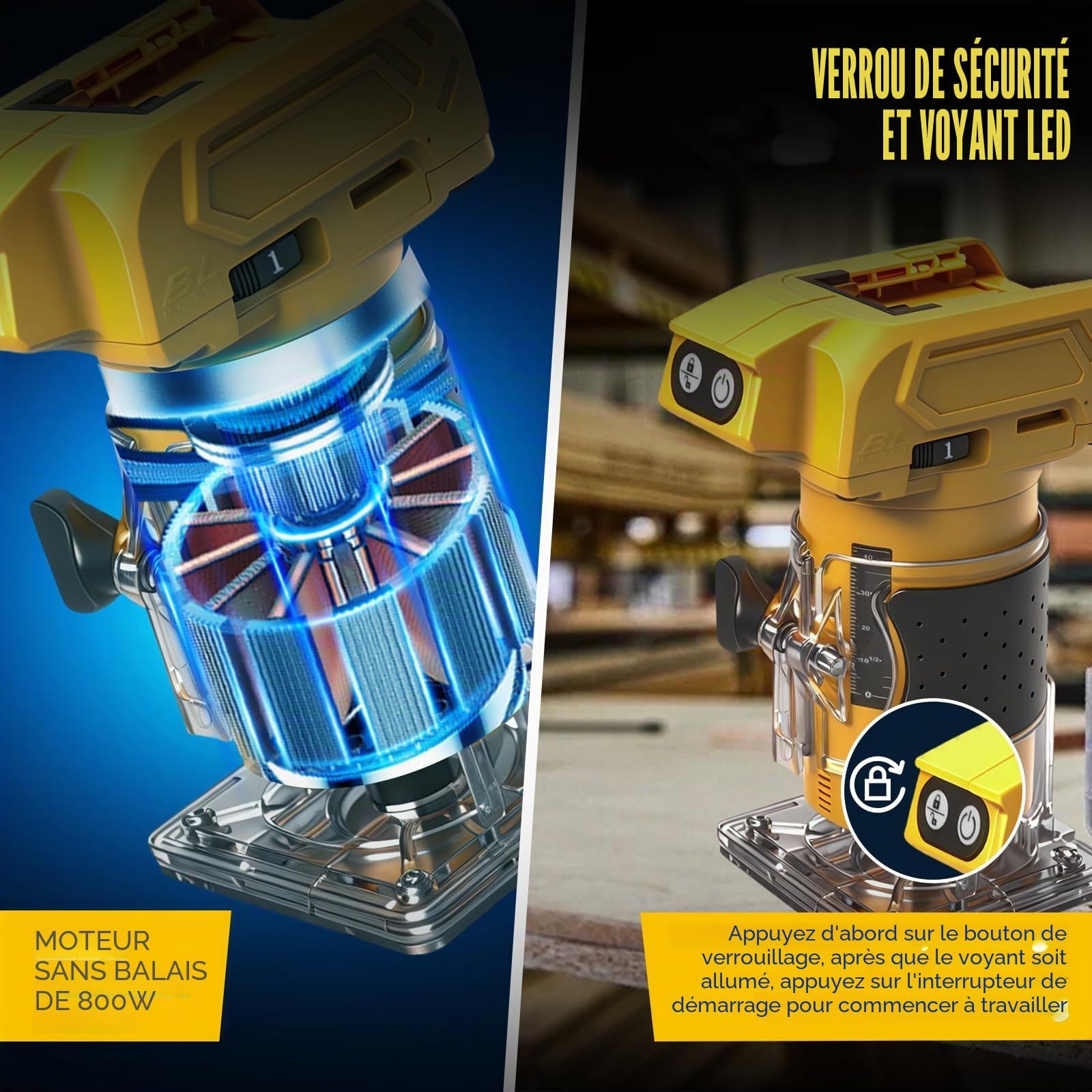 WingFly Affleureuse Défonceuse, Affleureuse Sans Fil pour Dewalt 18 V Batteries, Brushless Affleureuse Paume Compacte Pour Travail du Bois, avec 15 Fraises à Défoncer