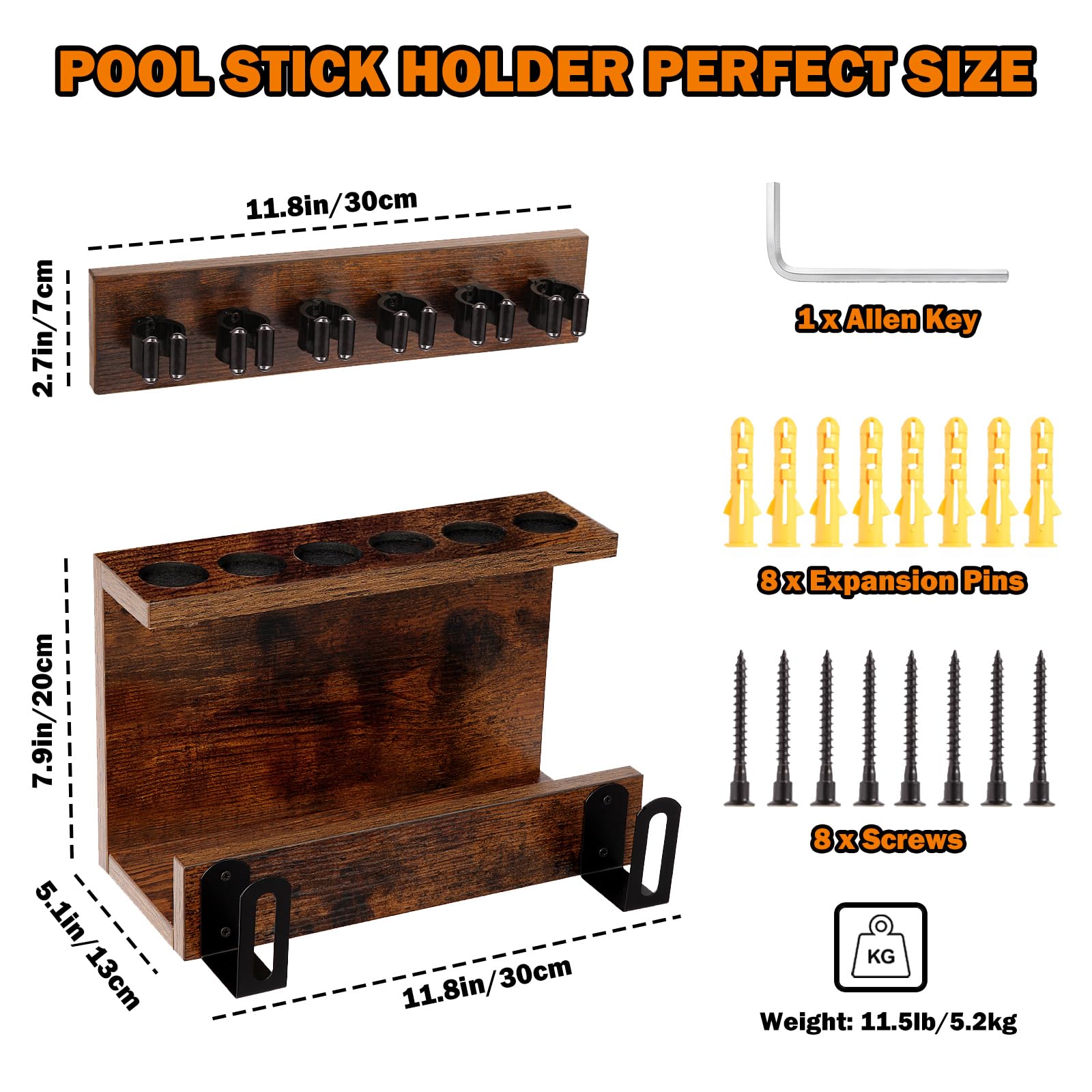 Supporto da parete per bastone da biliardo, organizer per 6 stecche da biliardo, organizer per accessori da biliardo con spazio sicuro, resistente supporto per stecca da biliardo in legno per