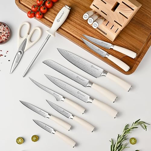 Miniatura 8 de Sunnecko Juego de cuchillos con bloque y afilador, juego de bloque de cuchillos de cocina de 15 piezas, cuchillos de cocina afilados, acero Blanco