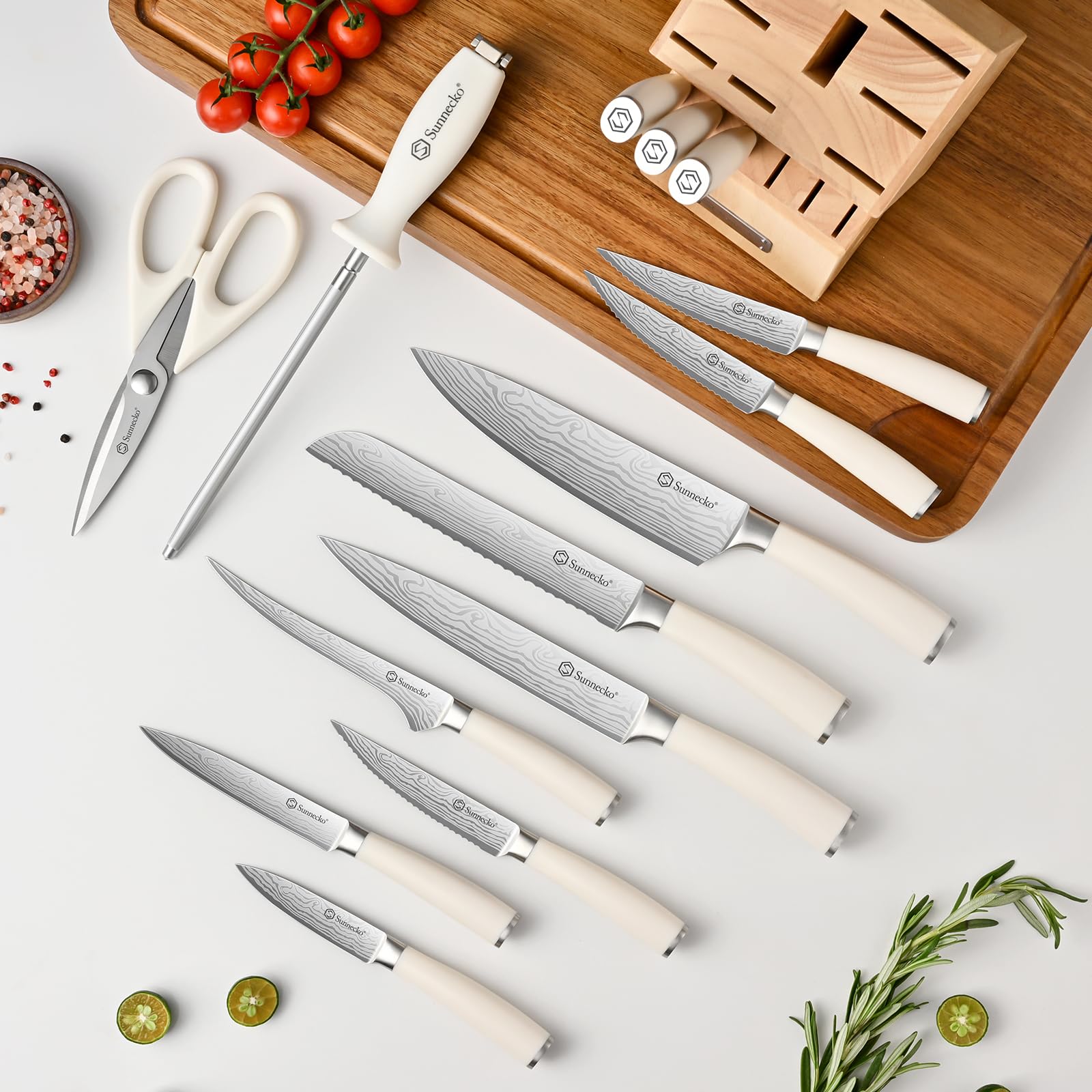 Sunnecko Knife Set with Block and Sharpener, 15 Piece Kitchen Knife Block Set Sharp Kitchen Knives High Carbon Stainless Steel with White Handles