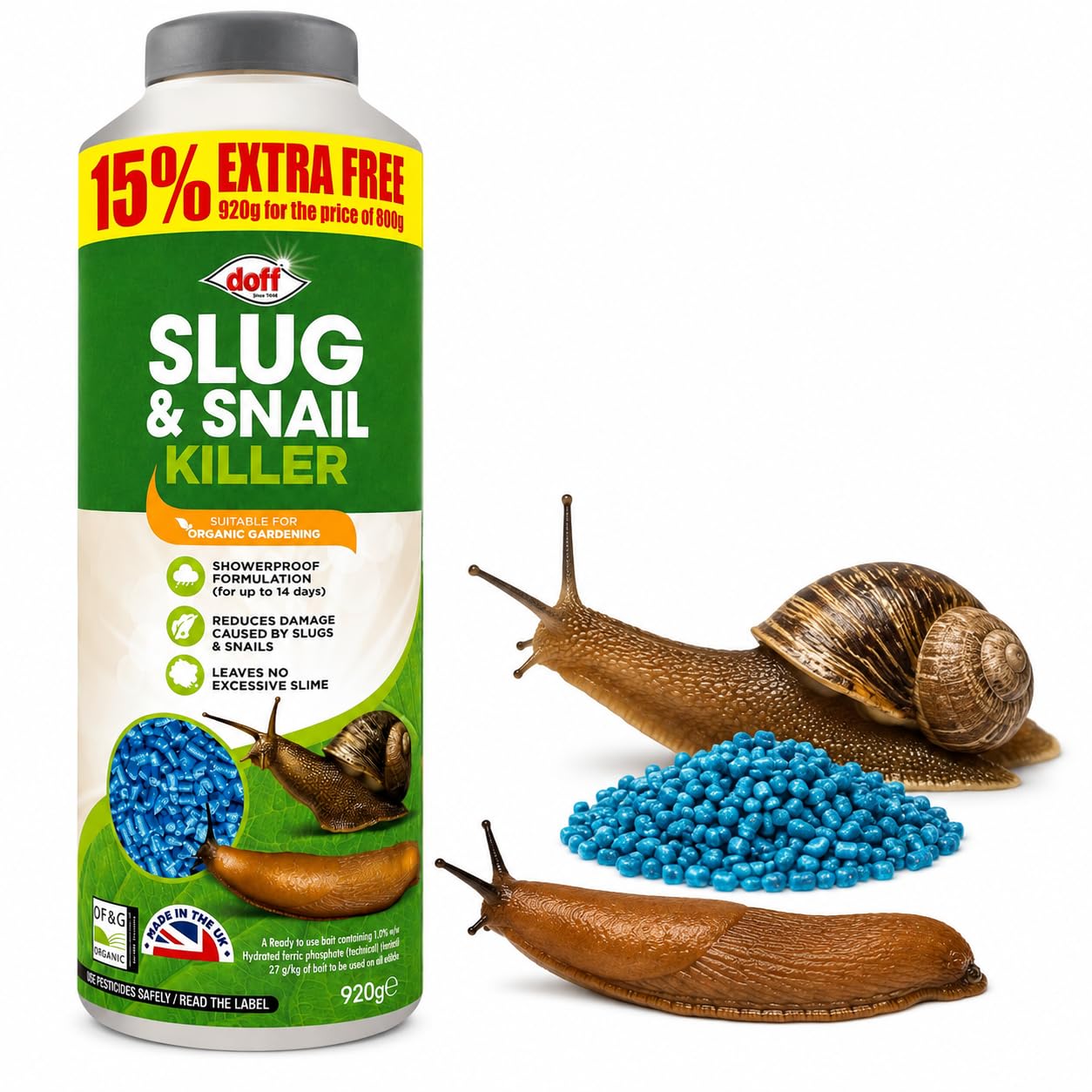 Doff Slug & Snail Killer Pellets 920g (800g + 15% Extra) – Shower Resistant Garden Pellets for Slug & Snail Control, Suitable for Flower Beds, Vegetable Patches, Pots, Containers & Borders
