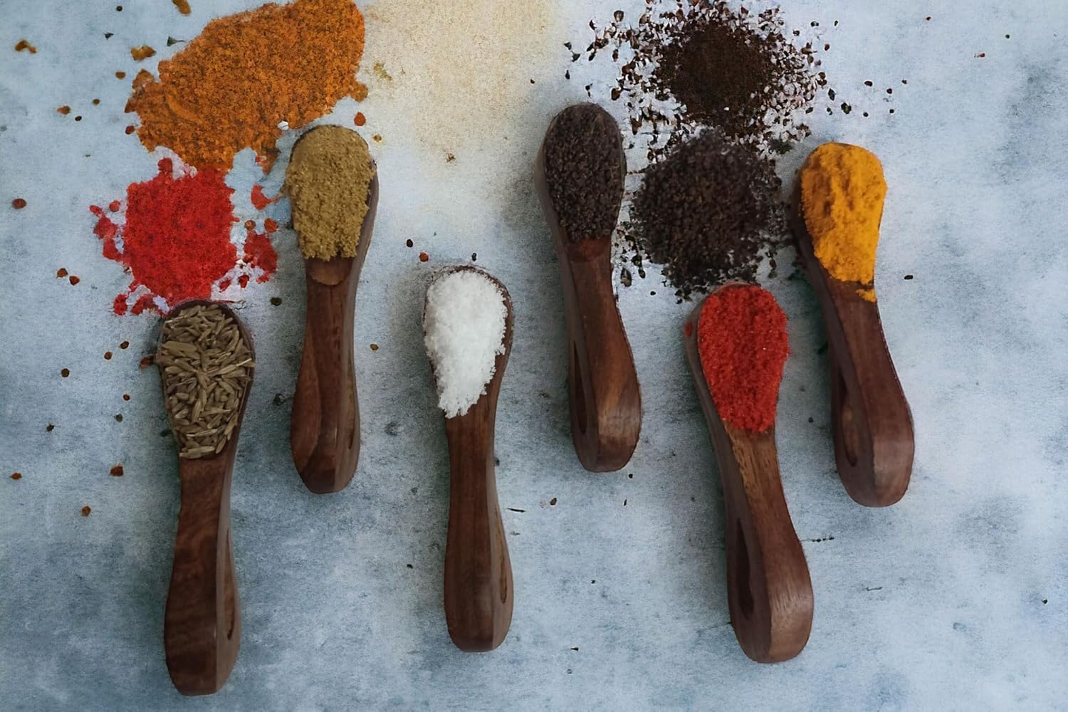 Wooden Masala Spoon Set, 6 Handmade Spoons for Tea, Coffee, Sugar, Condiments, Spices