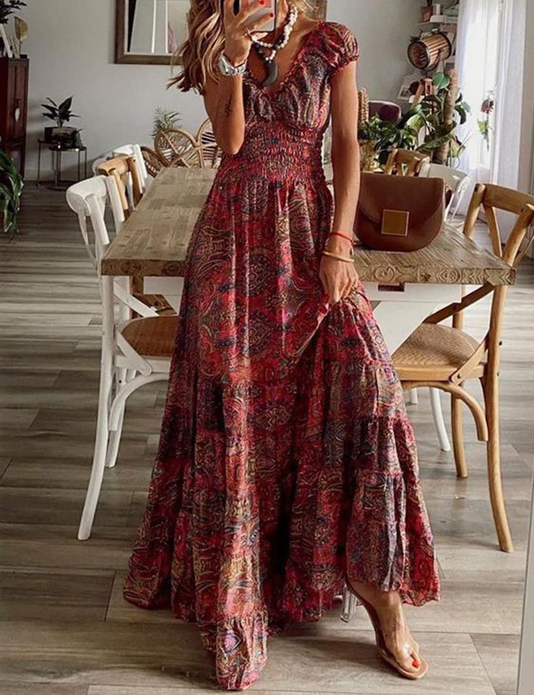 ABYOVRT Robe Maxi D'été pour Femme Bohème Robe de Vacances Col V à Fleur Manches Courtes Robe de Soiree Party Plage