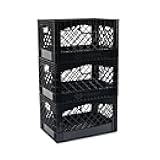 Stackable Milk Crates, 3 Pack, Kitchen Work Commercial Garage Totes, 24 Quart, Heavy Duty Plastic, Black, 19