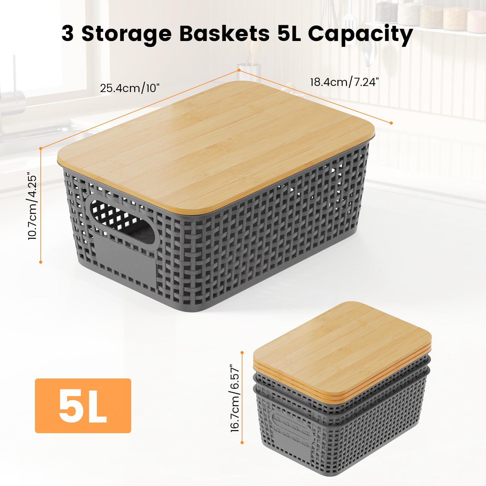 Shrivee Set of 3 Storage Boxes with Bamboo Lid, 5 L Storage Basket, Plastic Basket Storage - Image 3