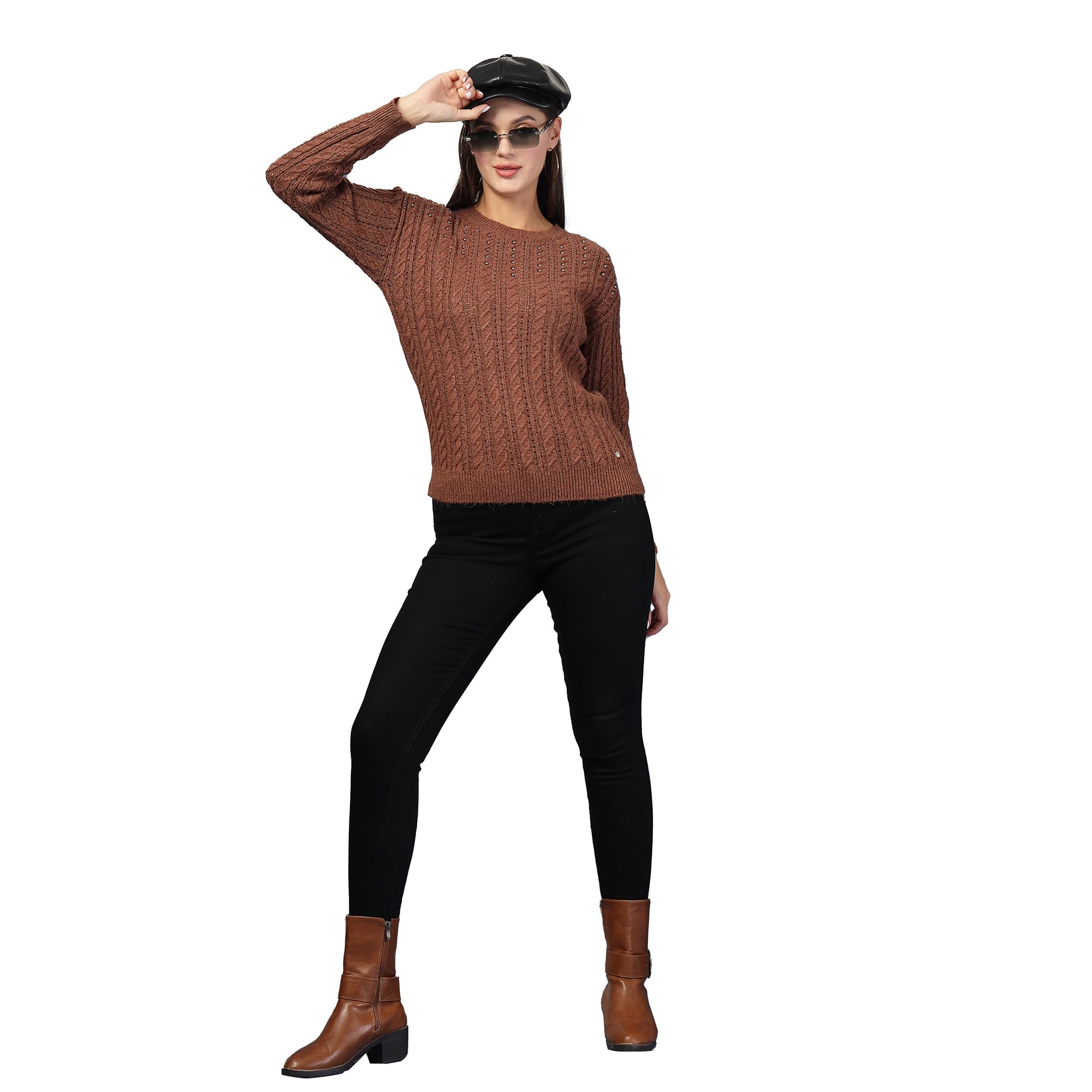 thirty threads Women Self Design Pullover Sweater Coffee Brown_T5W 25218-picture-17