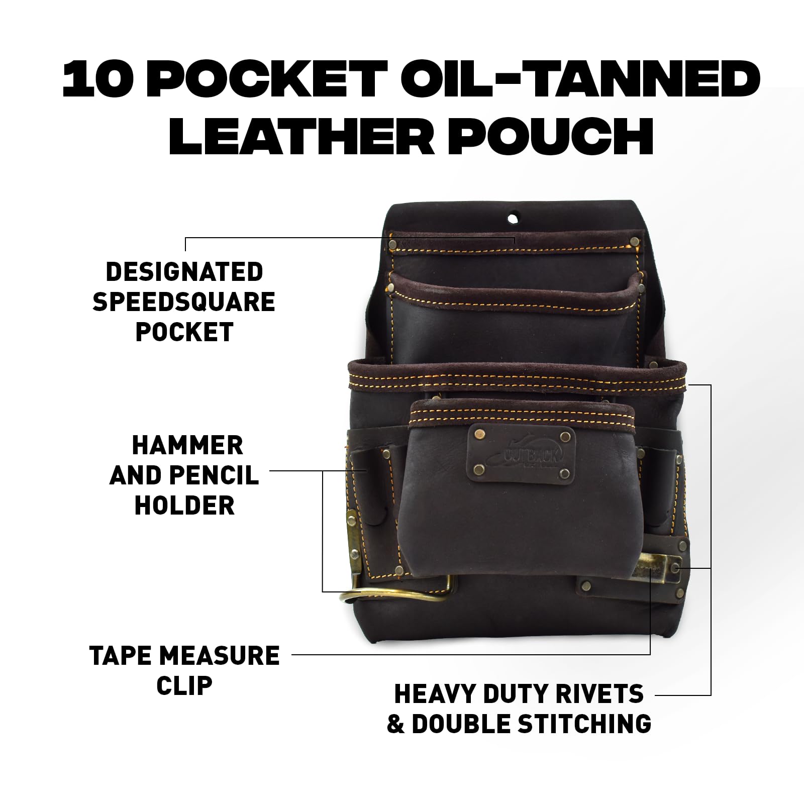 OX Tools 10-Pocket Oil-Tanned Leather Carpenter Pouch – Heavy Duty Tool Bag With Hammer Loop, Pencil Holder, Rivet Reinforced, Double Stitched, Fits 3” Belt