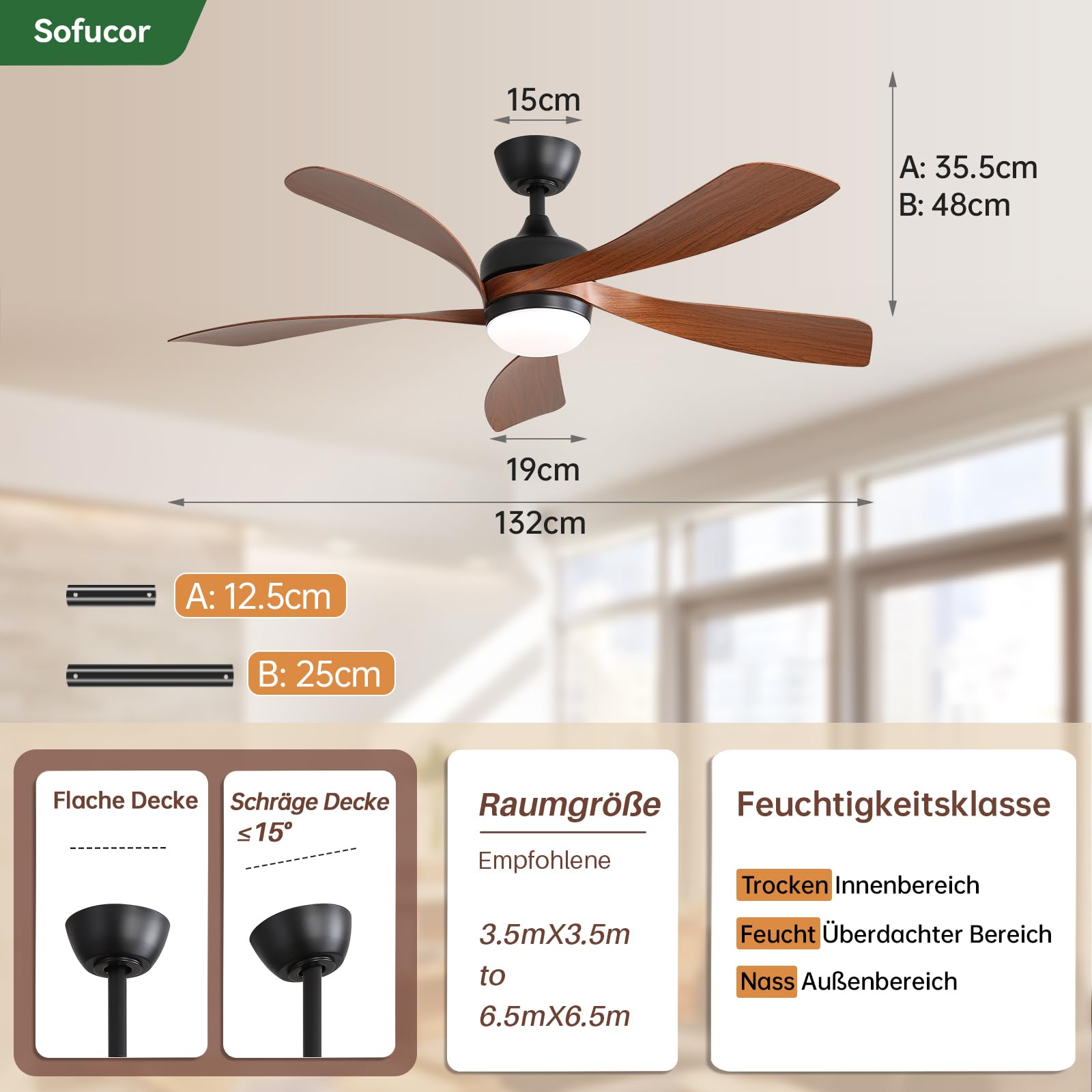 Sofucor Deckenventilator mit Beleuchtung und Fernbedienung, DC, 132 cm, 5 Flügel, Timer, 3 Farbtemperaturen, 6 Geschwindigkeiten, Sommer Winterbetrieb