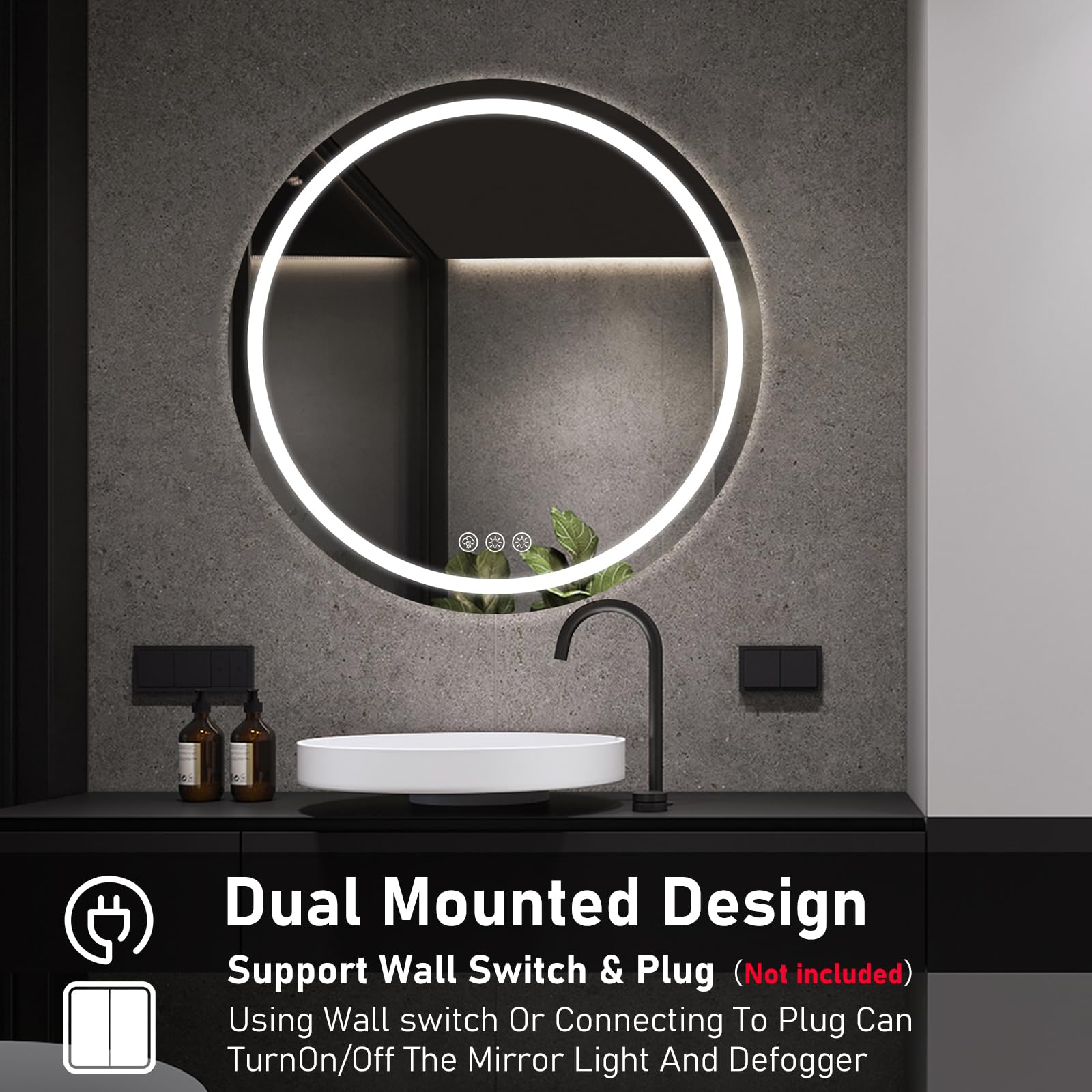 Miroir LED Rond Salle de Bain 70cm, Anti-buée, 3 Lumières Réglables