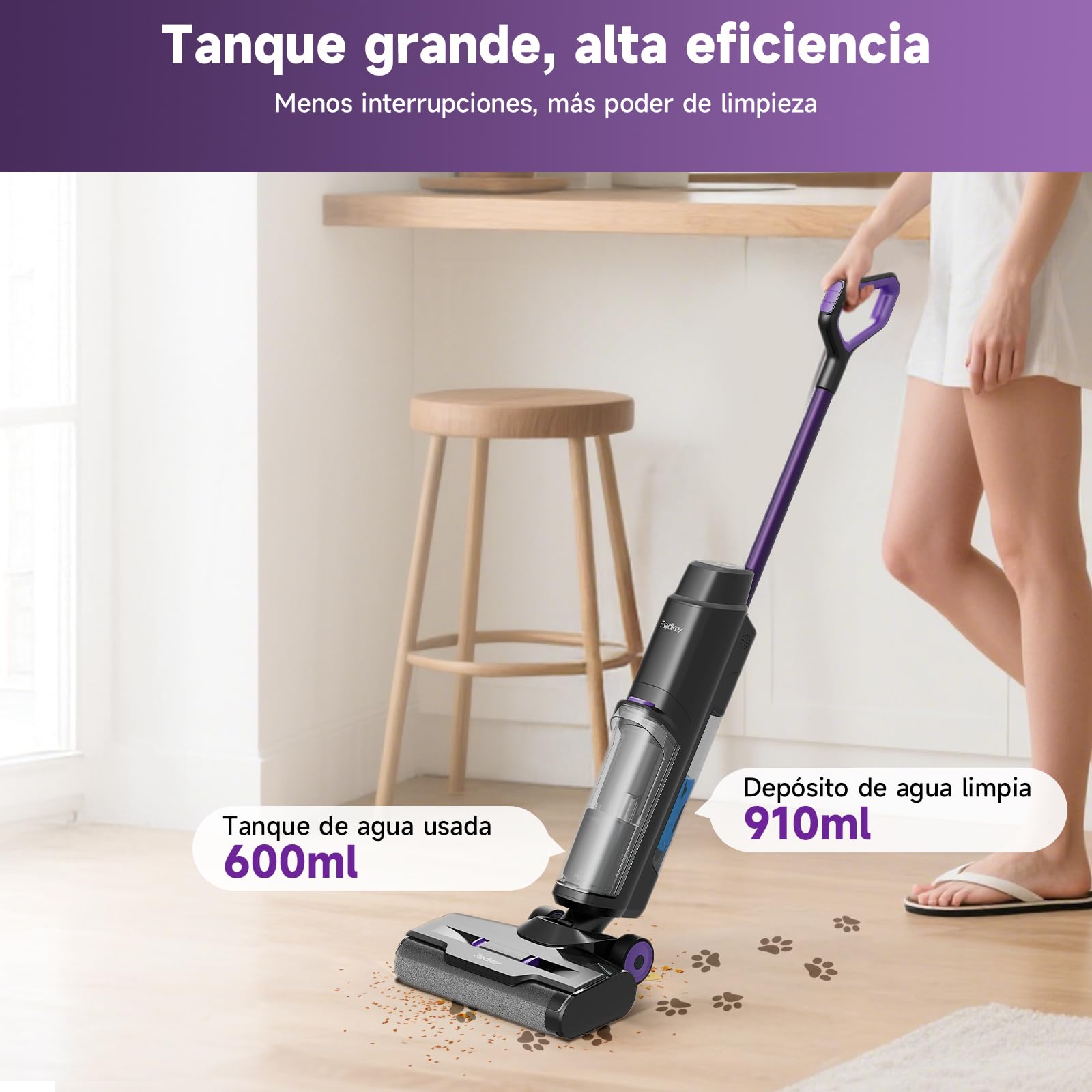 W15 Aspiradora Sin Cable Inteligente 3 en 1, Fregona Eléctrica con 45 Min de Autonomía, 65dB, Avance Automático, Limpieza de Bordes, Potente Succión para Pelo de Mascotas en Suelos Duros