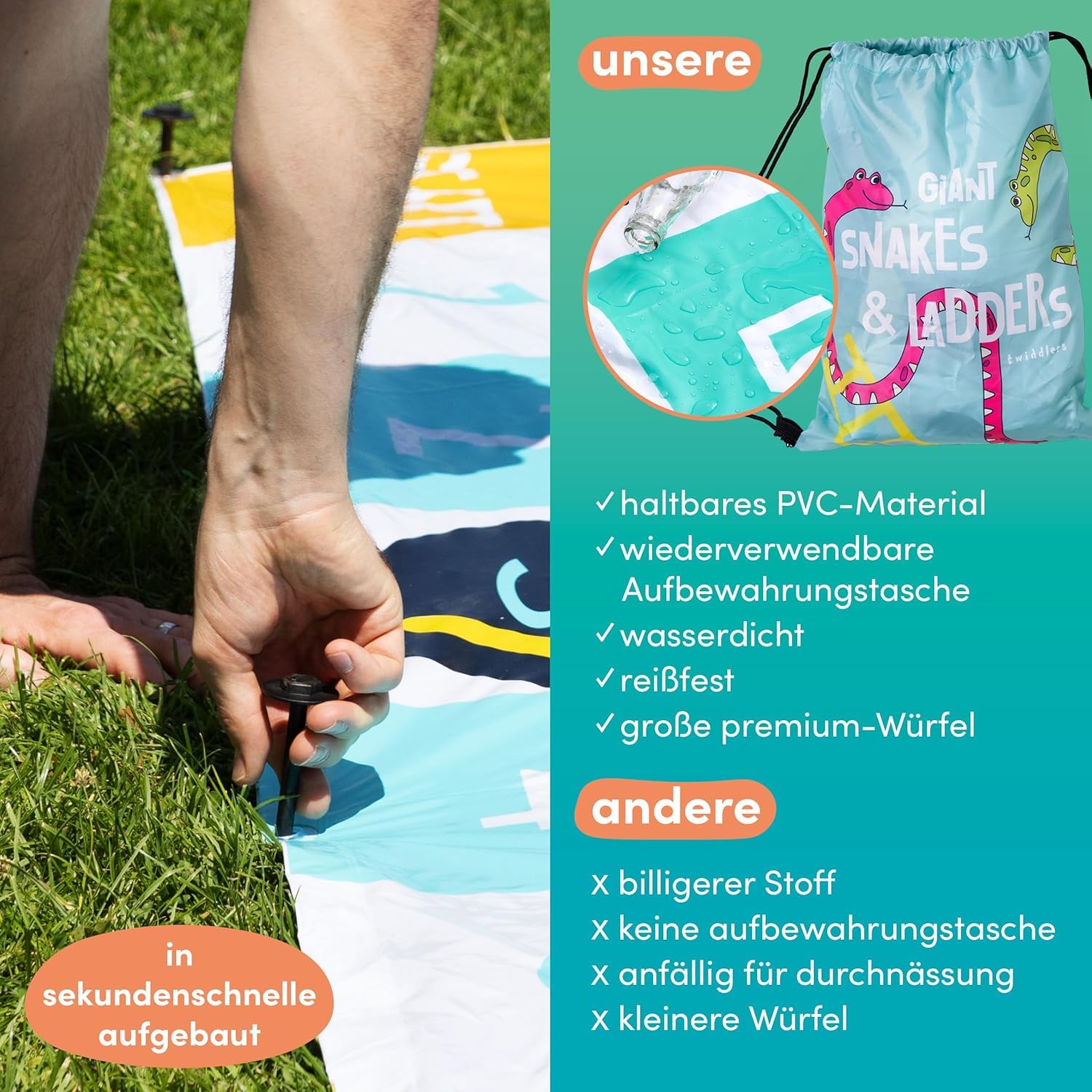 THE TWIDDLERS XXL Schlangen und Leitern Riesenspiel (3x3m) - Wasserfeste Outdoor Spielmatte für Kinder und Erwachsene mit Aufblasbarem Würfel & Tasche - Gartenspiel für Partys, Familie & Schulen
