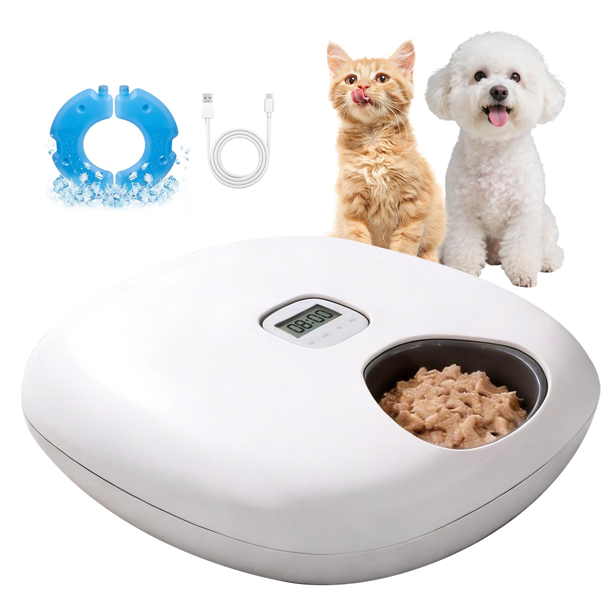 PetPrime 6-Meal Automatic Cat Feeder with Two Ice Packs,Cordless Rechargeable Cat Food Dispenser for Cats and Small Dogs Wet Food Auto Pet Feeder White