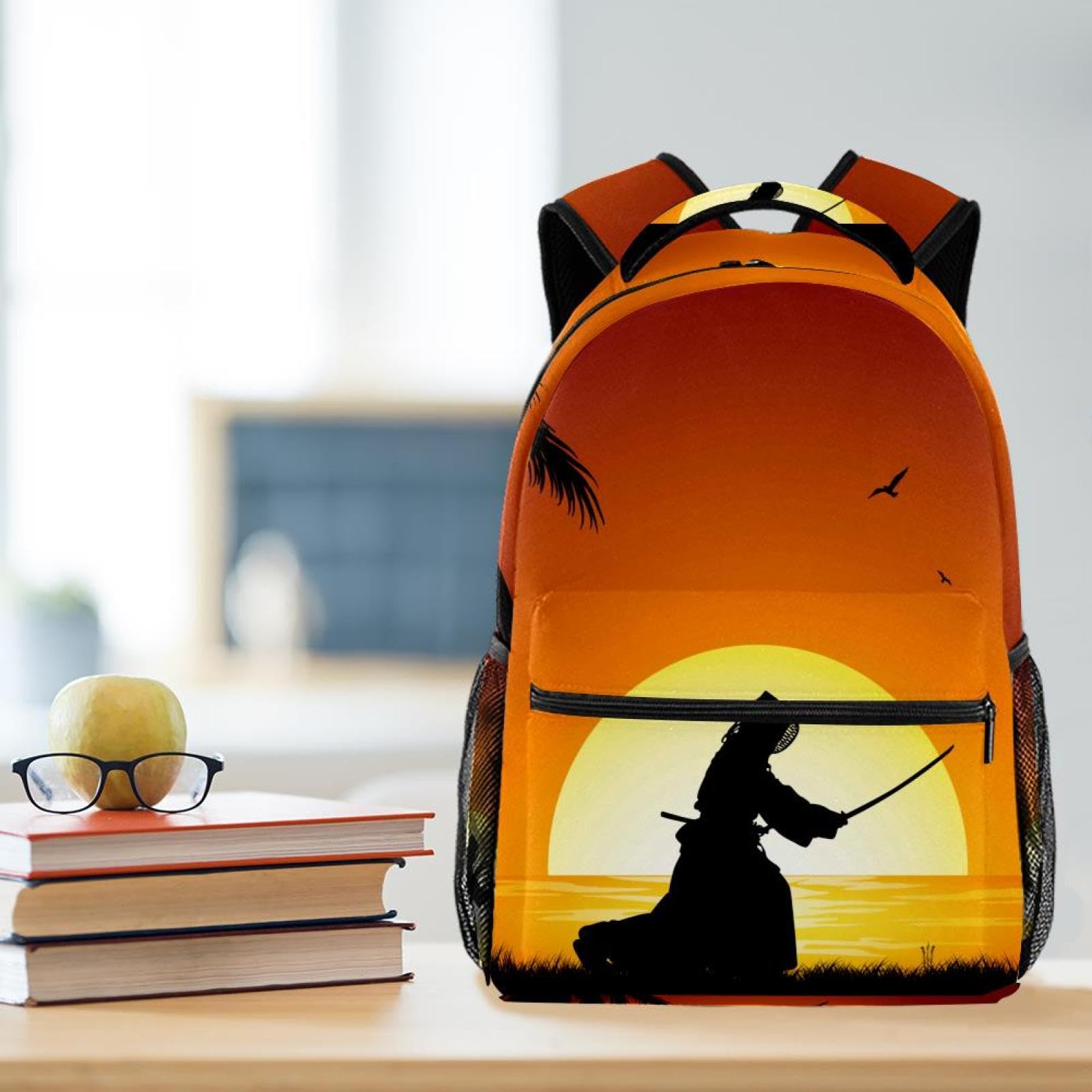 Kendo - Zaino da scuola con motivo spiaggia e sagoma di silhouette, per uomini e donne, borsa da viaggio con scomparti per laptop, leggera borsa per libri scolastici, zaino per scuola media