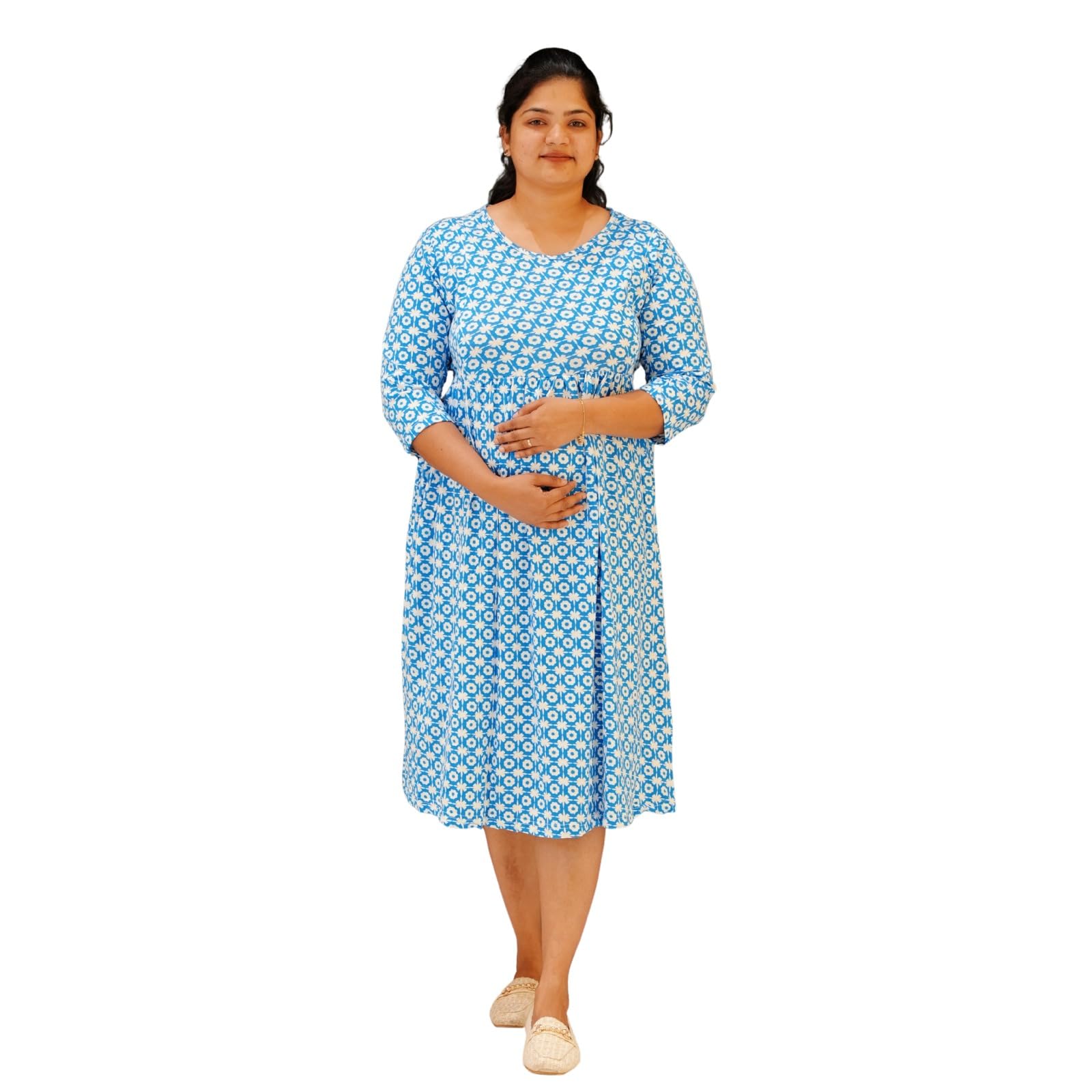 Women’s Maternity Dress | Comfortable Nursing & Pregnancy Wear | 3/4 Sleeve, Round Neck, Pocketed Casual Dress for Pregnancy | Soft Cotton Fabric, Blue Floral Print-image-12