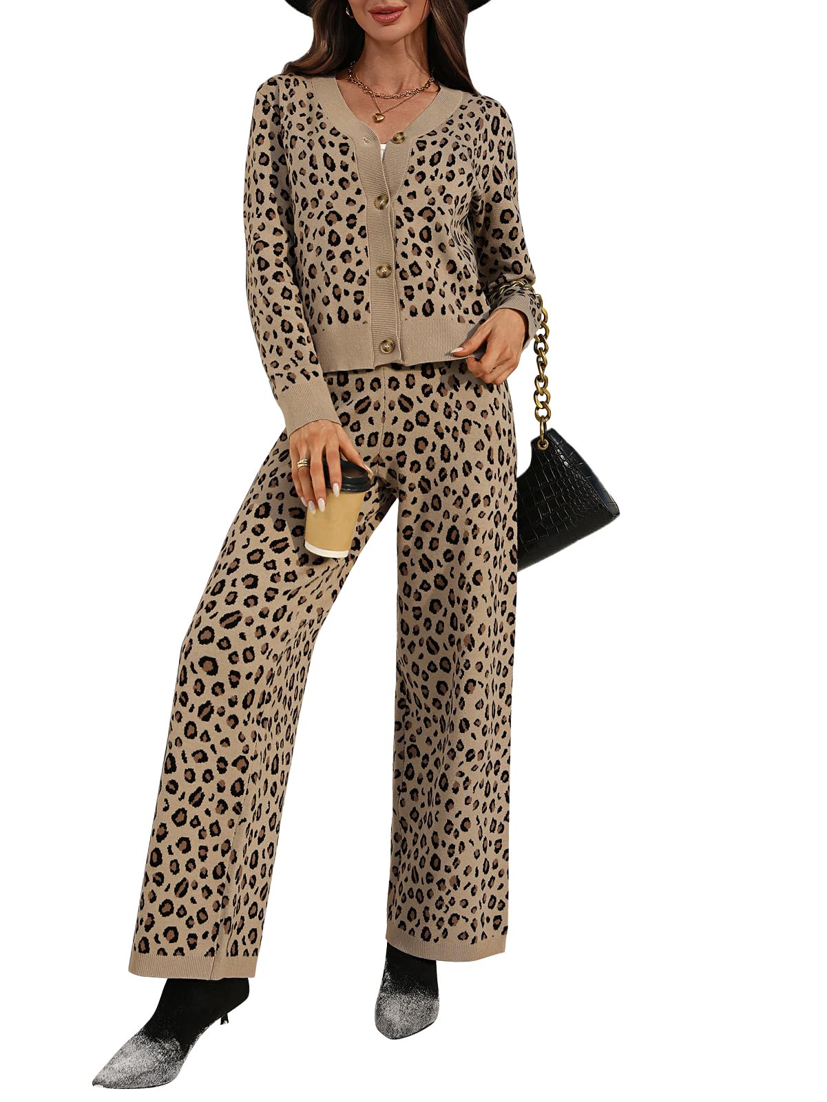 Womens Leopard Cardigan Set 2 Piece Sweater Loungewear Set Collar Button Down Knit Animal Cozy Casual Outfit