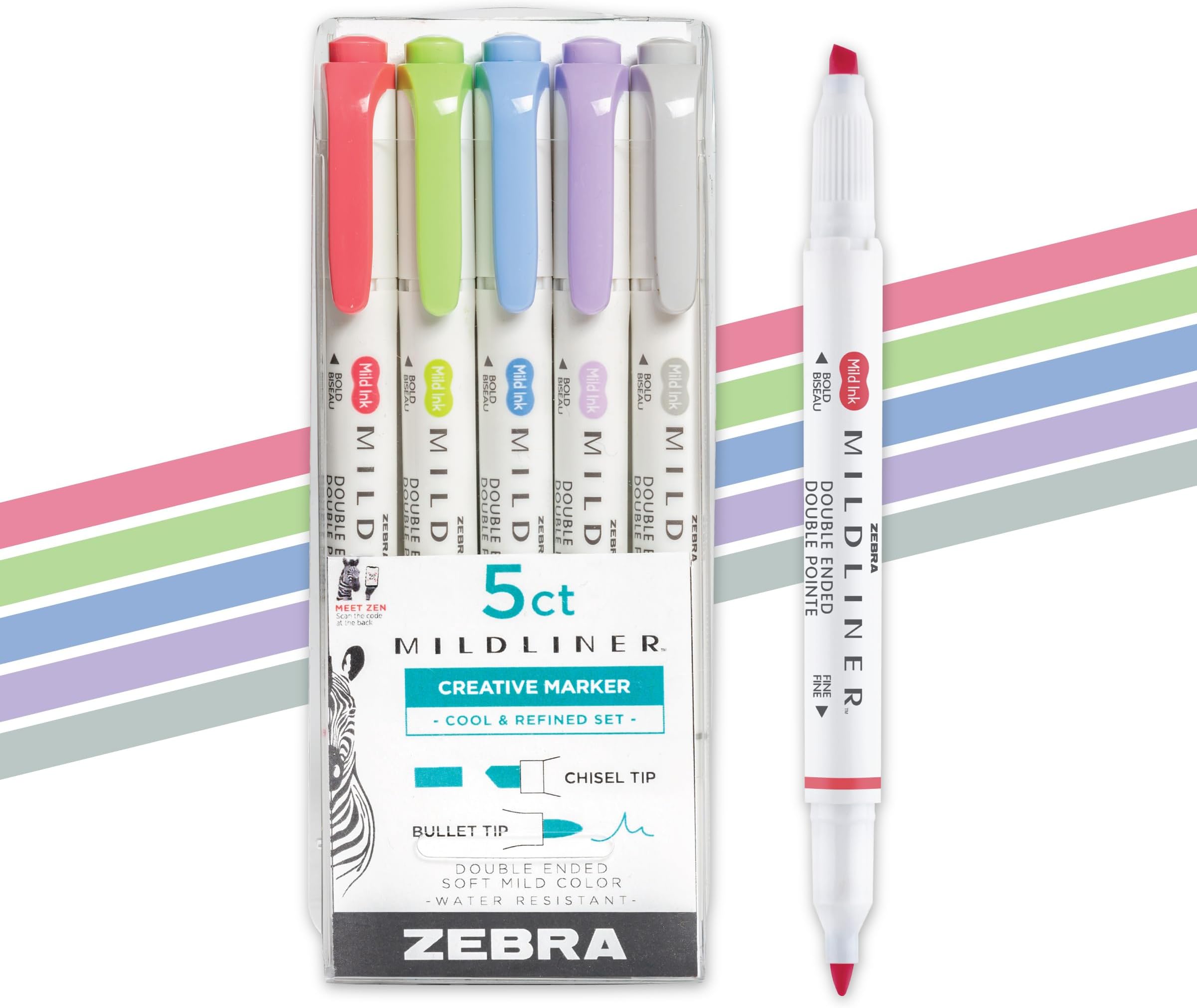 Zebra Pen Mildliner, Double Ended Highlighter, Broad and Fine Tips, Assorted Cool and Refined Colors, 5-Count