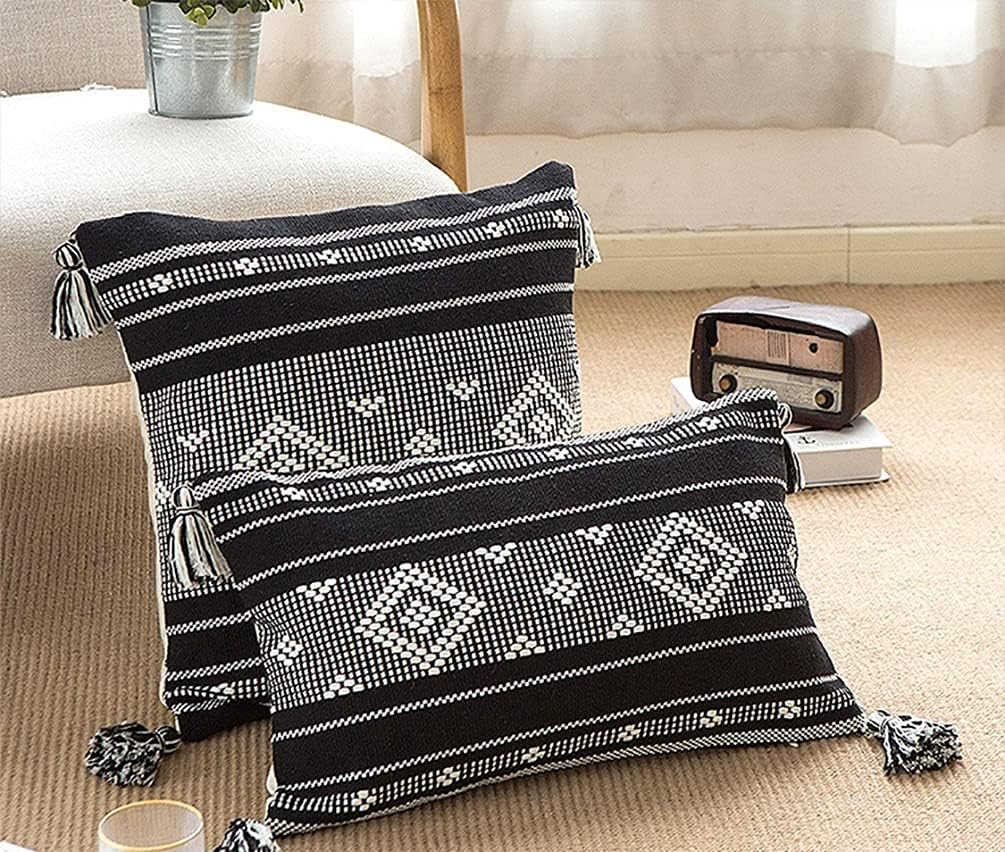 Fennco Styles Diamond Woven Cotton Decorative Lumbar Throw Pillow Cover & Insert with Tassel 12" W x 20" L - Black Rectangular Cushion for Home, Couch, Bedroom, Living Room and Office Décor