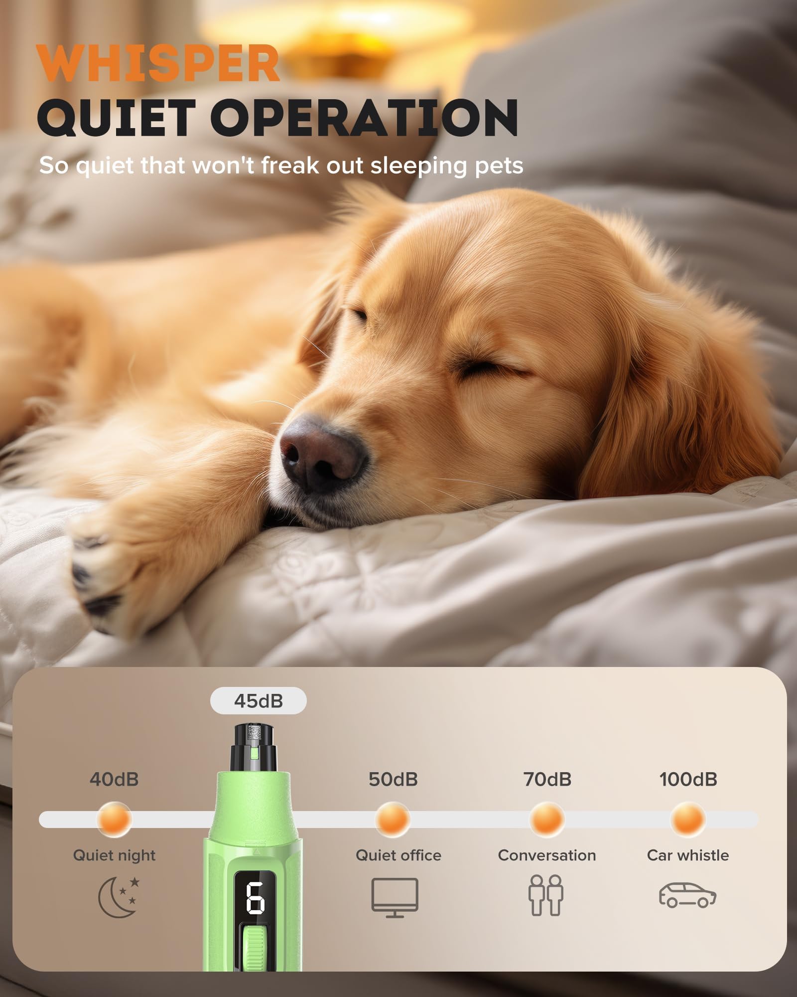 YABIFE Molinillo de uñas para perros de 7 velocidades con luz LED, cortador de uñas eléctrico ultra silencioso para perros y gatos grandes, herramienta de aseo profesional con colector de polvo