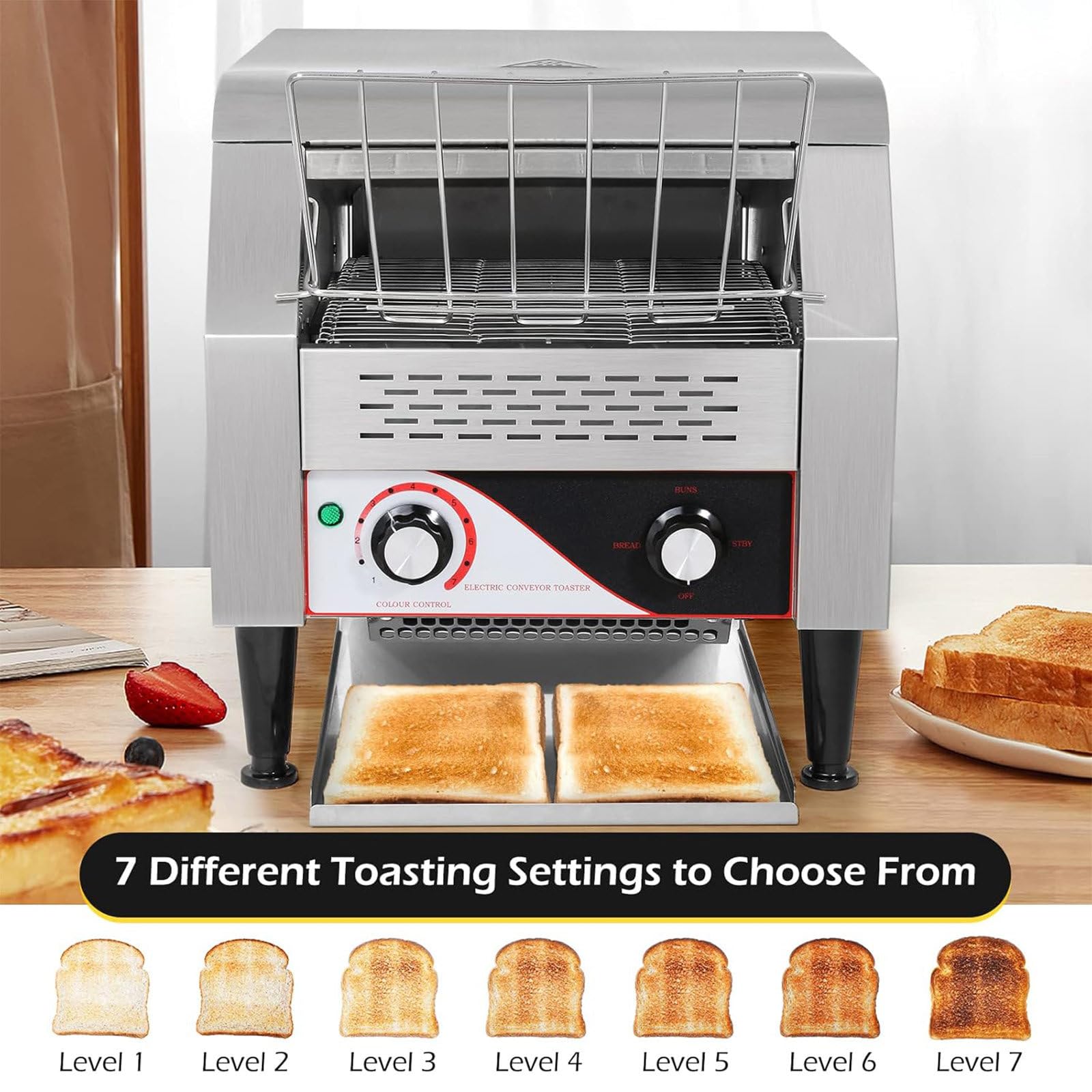 Tostadora de Cinta Industrial (Potencia: 2.600 W, Velocidades: 7, Espera, panecillos, Pan, hasta 300/450 rebanadas de Pan Tostado por Hora),300PCS/Hour