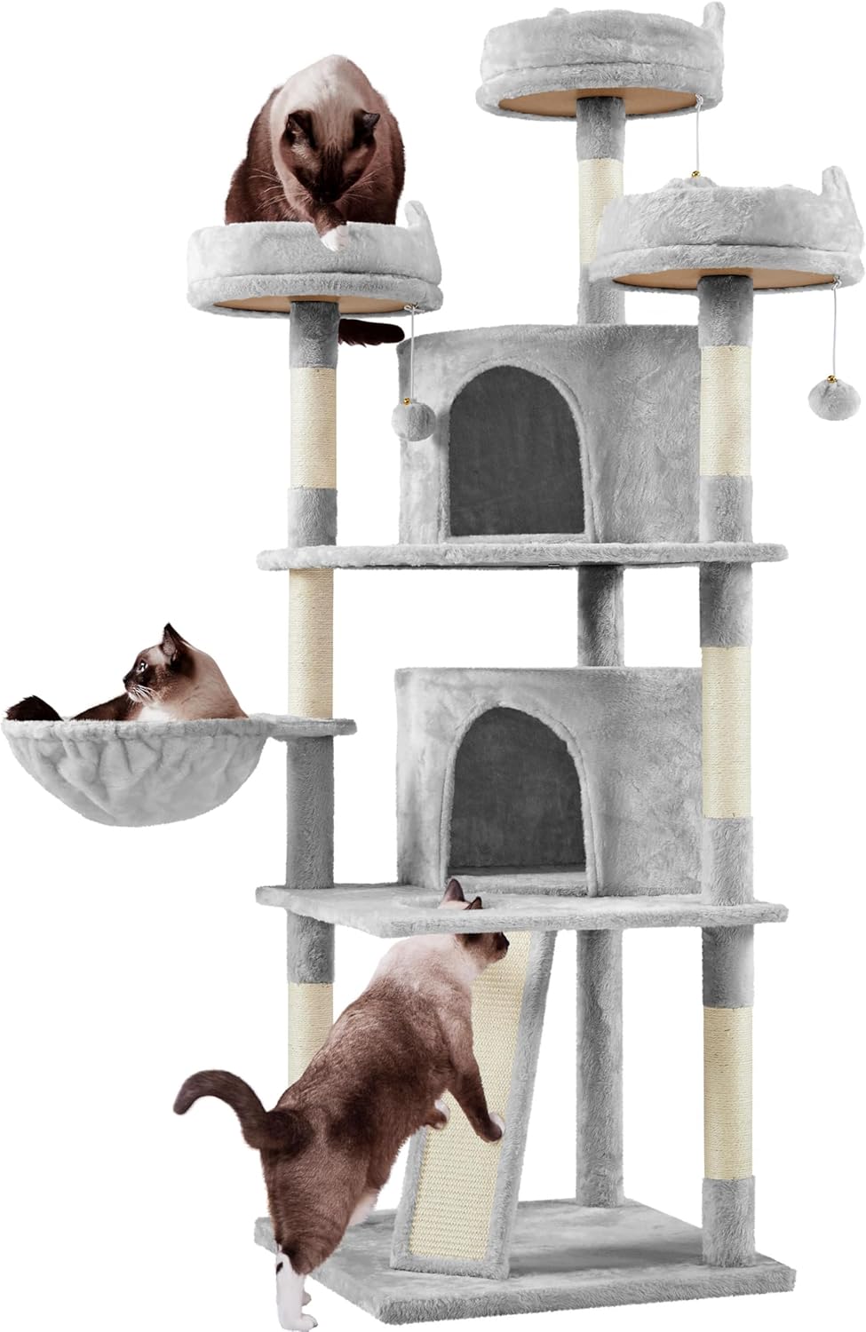 Yaheetech | 68.5in Cat Tree | for Large Cats | Multi-Level Cat Tower with 3 Wide Perches, Large Condo | Stable Pet Play House w/Sisal-Covered Scratching Posts & Board | Light Gray