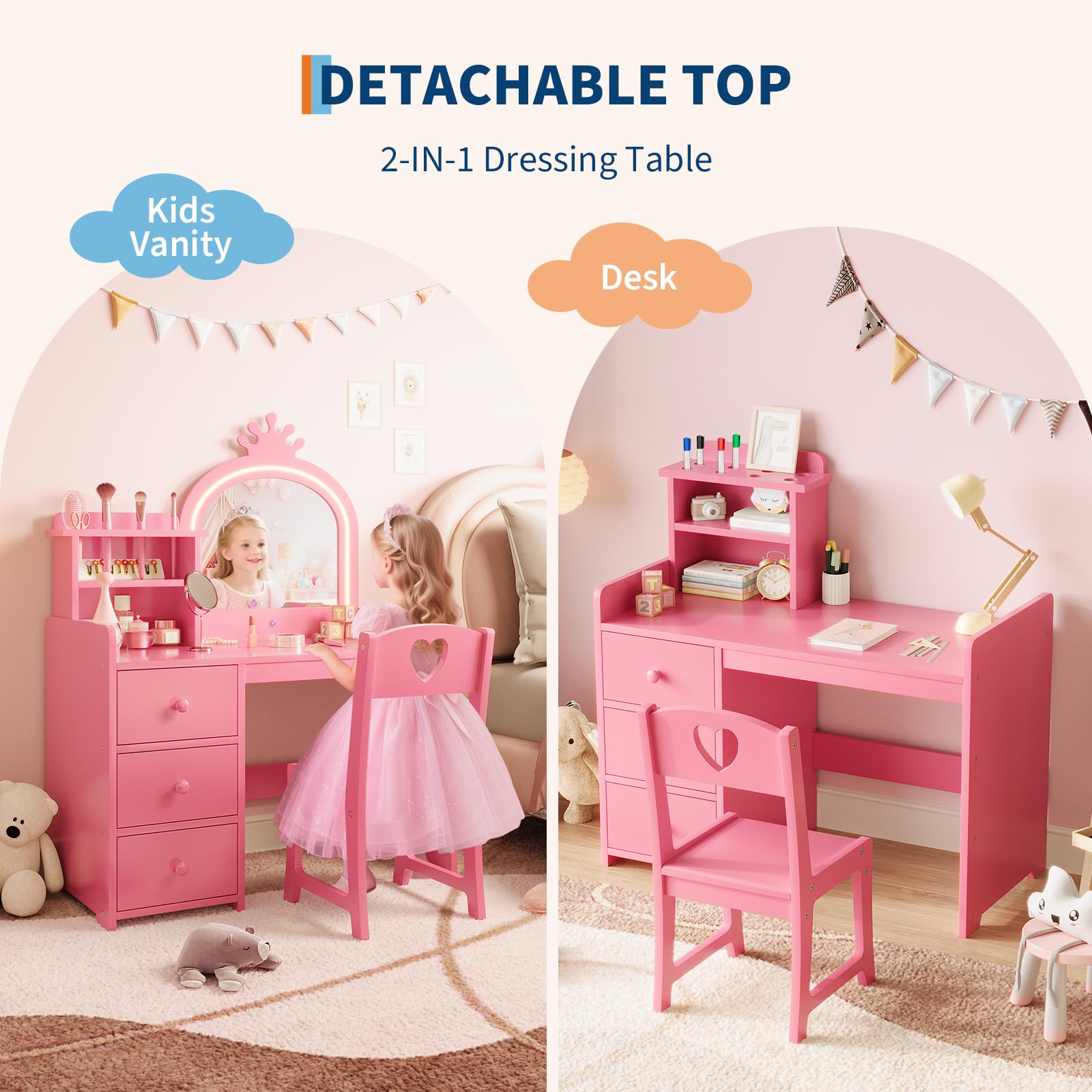 Garvee Kinder Schminktisch mit Stuhl & Spiegel, 3-Farben LED Beleuchtung & Touch-Sensor, Frisiertisch mit 3 Schubladen, 2-in-1 Schreibtisch, Kosmetiktisch Mädchen Krone Holz, Rosa