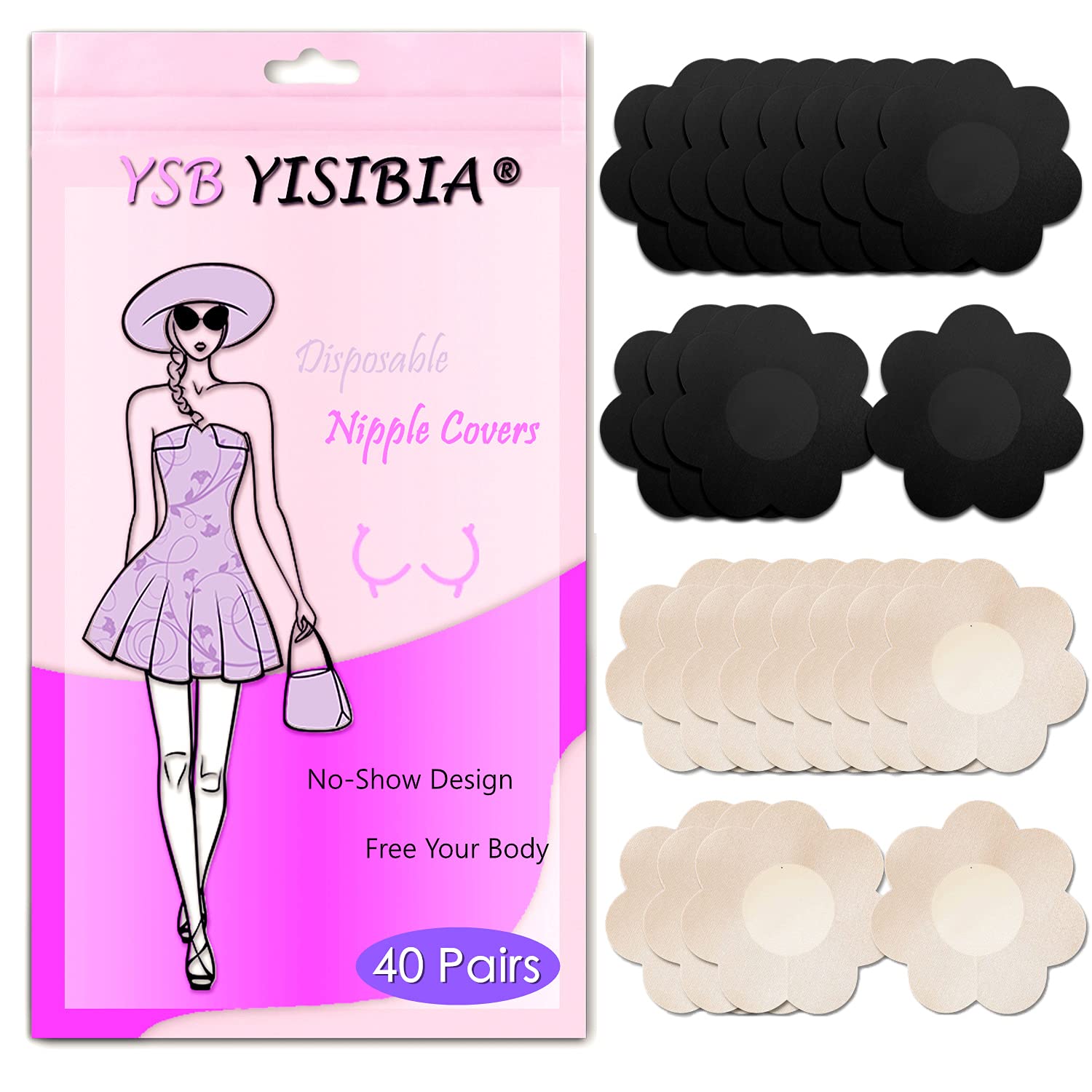 YISIBIA 40 Pairs Nipple Covers For Women Disposable Invisible &amp; Natural Satin Nipple Stickers Petals Breast Pasties