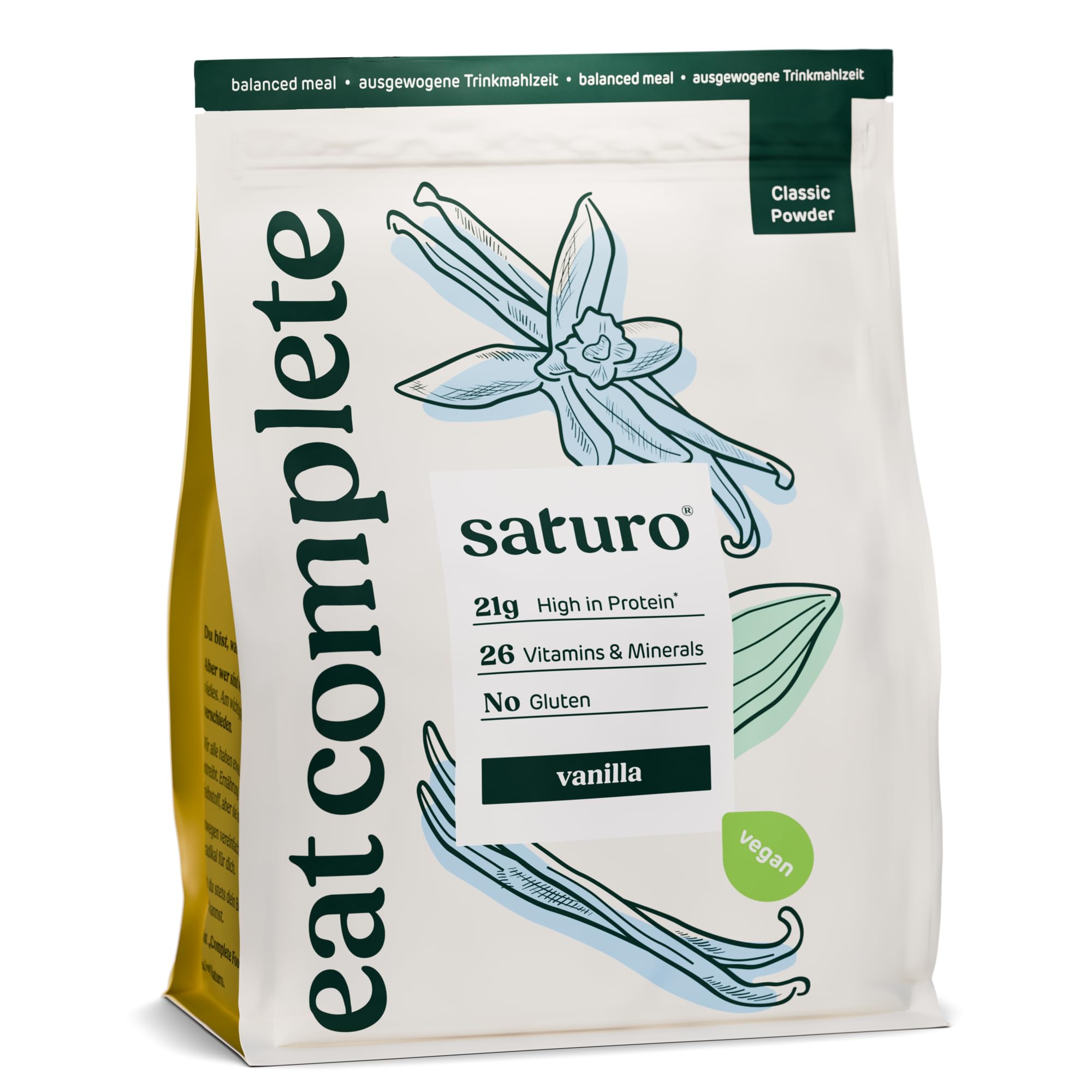 Saturo Mahlzeitersatz Shake Vanille | Proteinpulver Mit 21g Vegan Protein & 26 Wertvollen Nährstoffen | 1,43kg