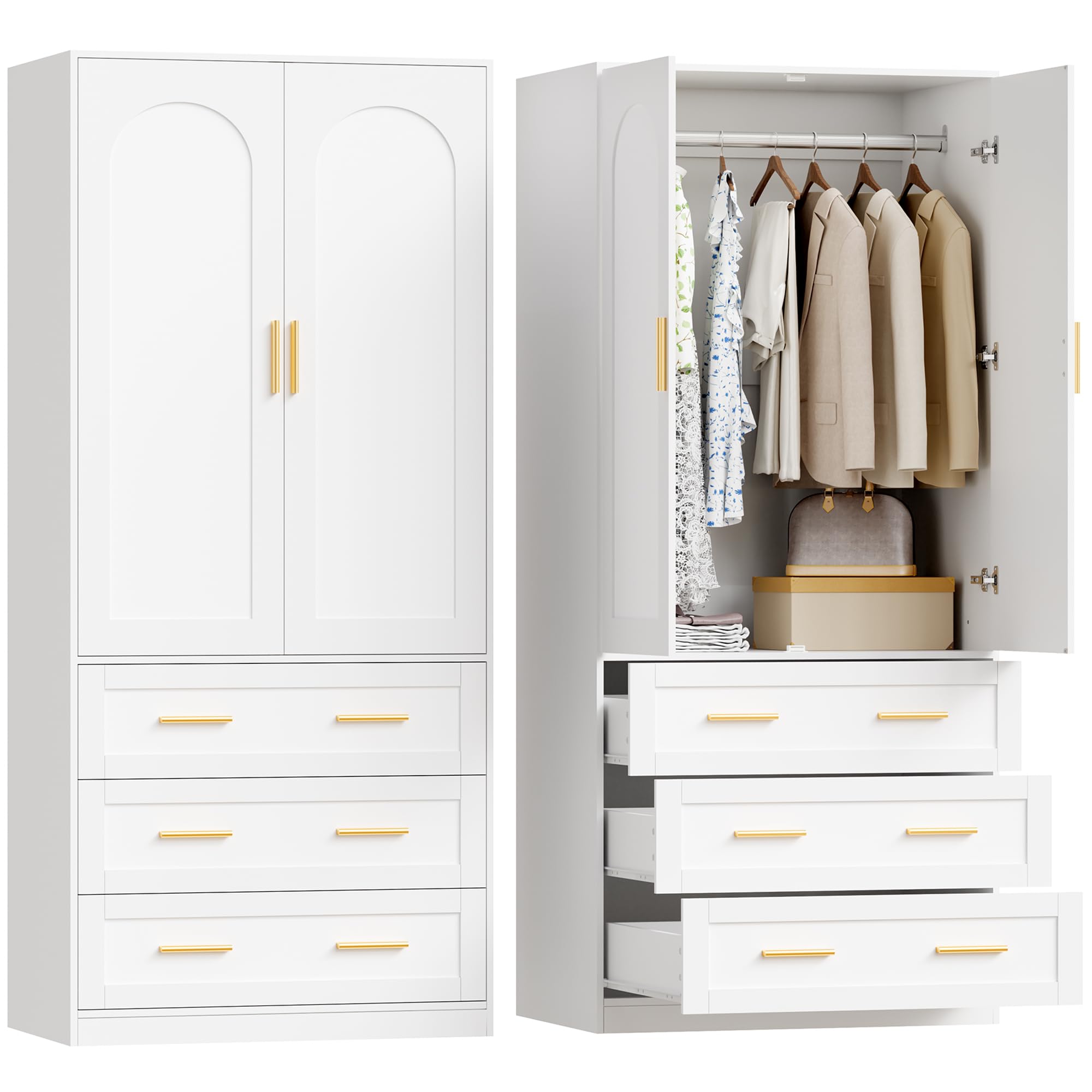 White 3-Drawer Wooden Wardrobe Armoire