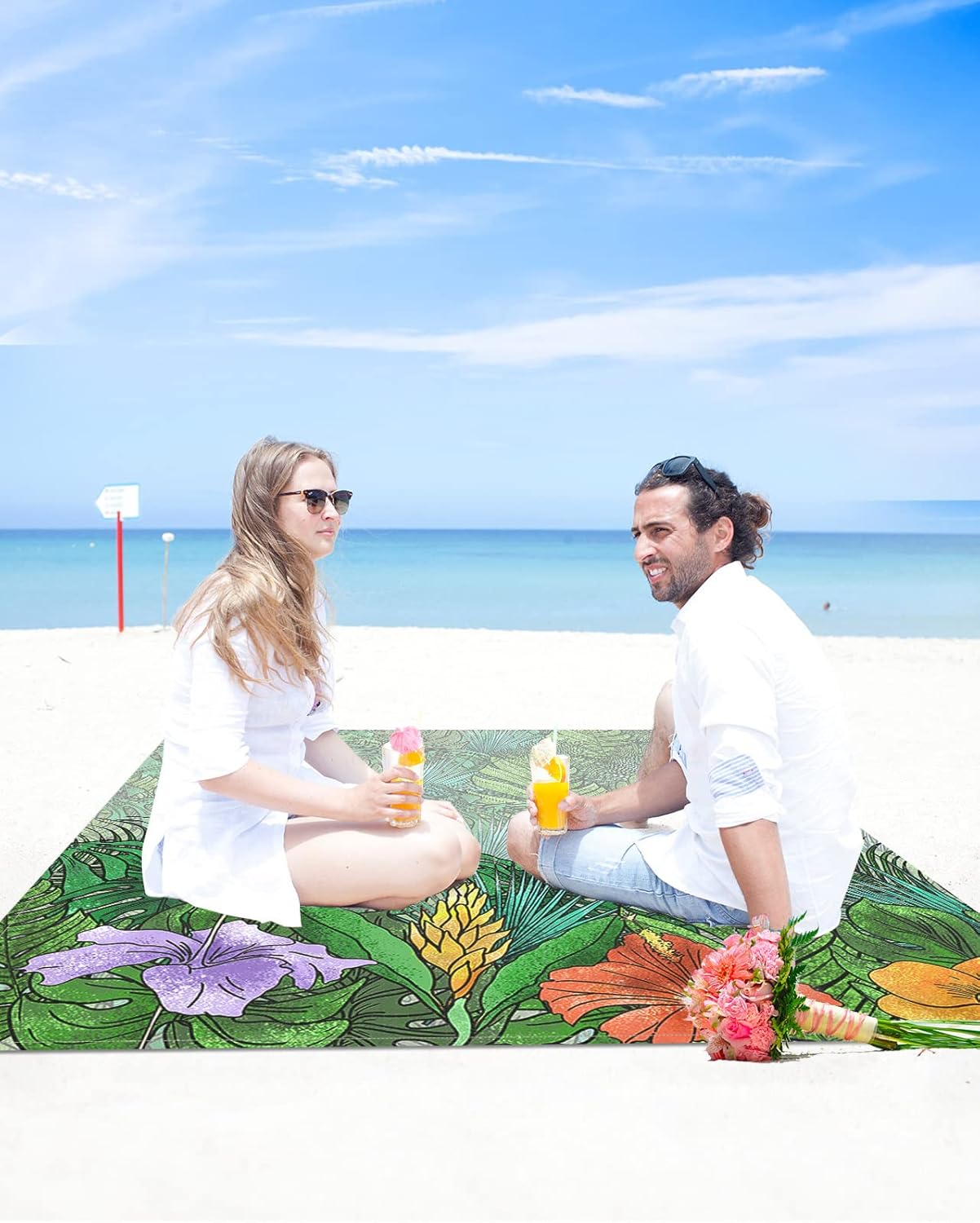 Beach Blanket, Watercolor Nature Tropical Floral Green Leaf Birds Sandproof Beach Mat 83"x79" Outdoor Picnic Blankets Rainforest Botanical Portable Picnic Mats for Vacation, Travel, Camping, Hiking